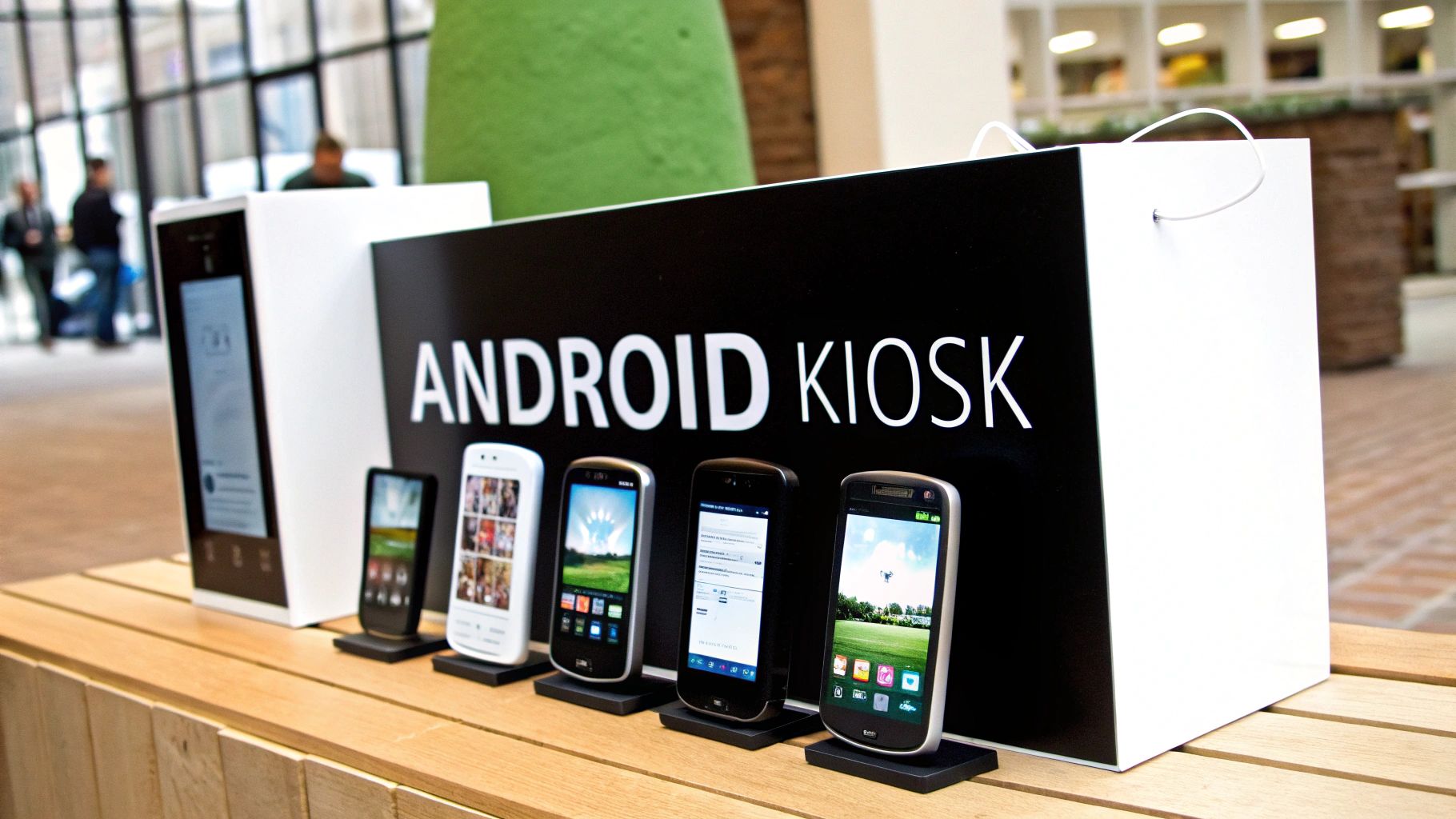 A retail display stand with five Android phones lined up in front of a large Android Kiosk sign