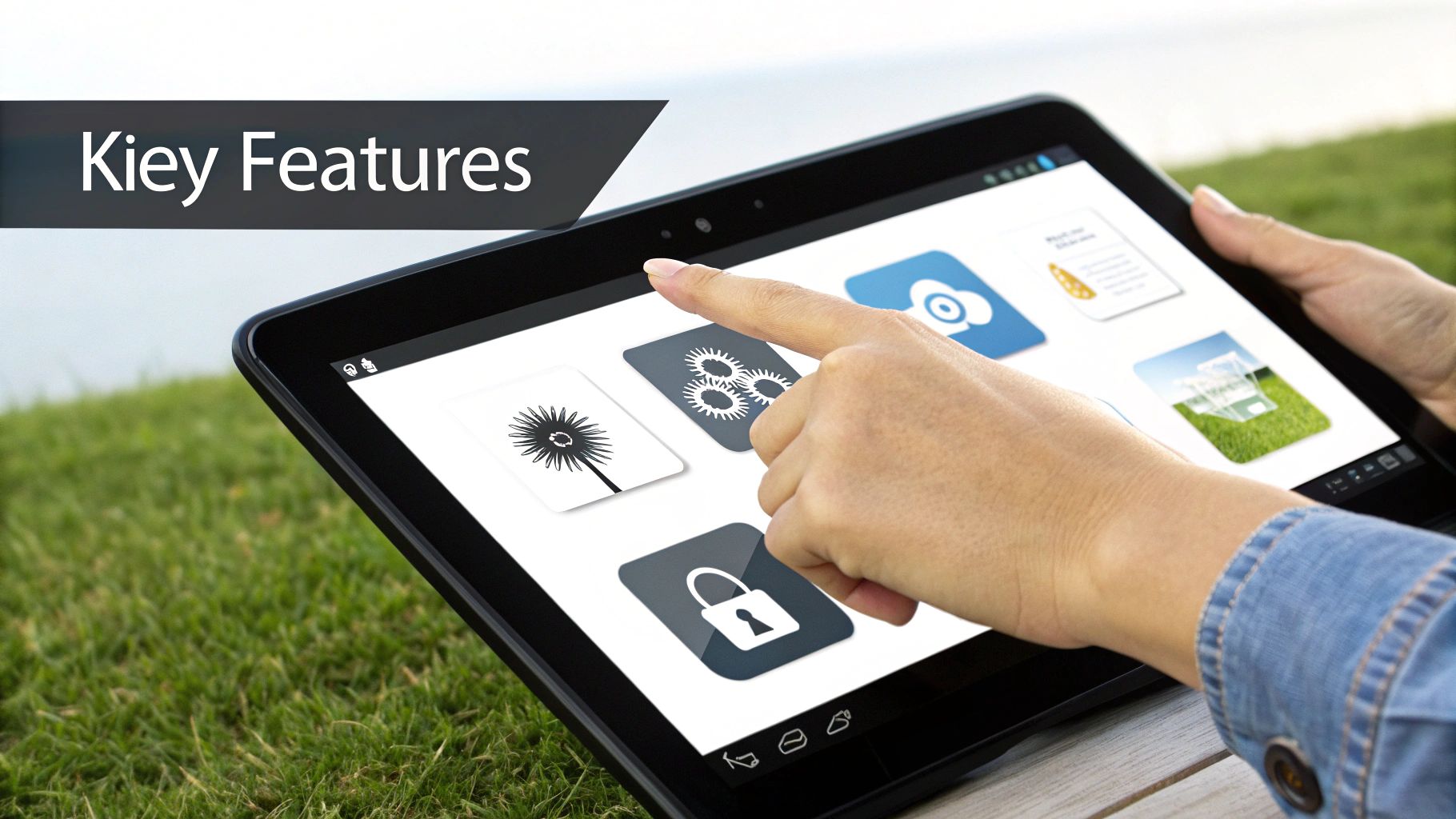 Someone tapping app tiles — a camera, settings gears and a padlock — on a tablet held outdoors