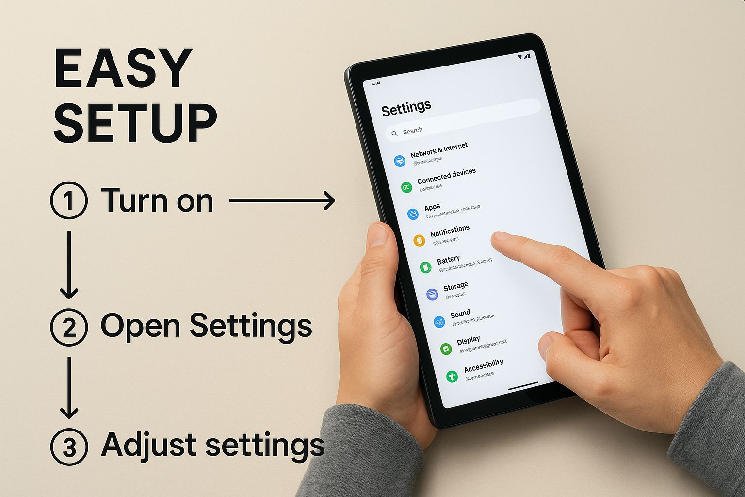 A three-step setup flow — turn on, open Settings, adjust settings — beside hands holding a tablet open at the Android Settings menu