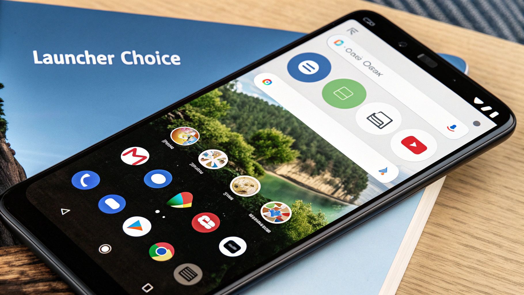An Android phone resting on a Launcher Choice leaflet, its home screen showing a grid of app icons over a lake wallpaper