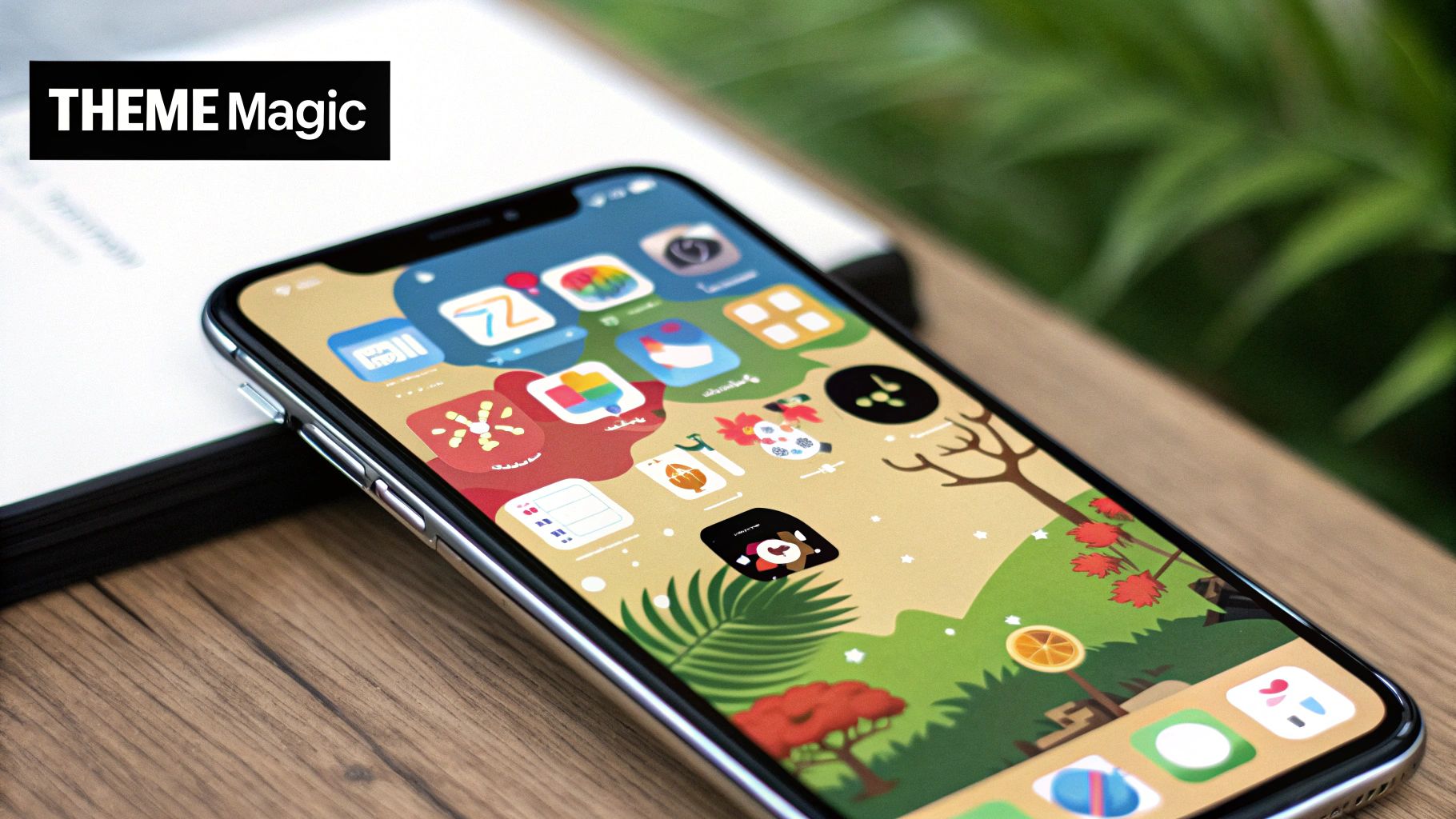 A phone lying on a desk with an illustrated forest wallpaper and matching themed app icons, captioned Theme Magic