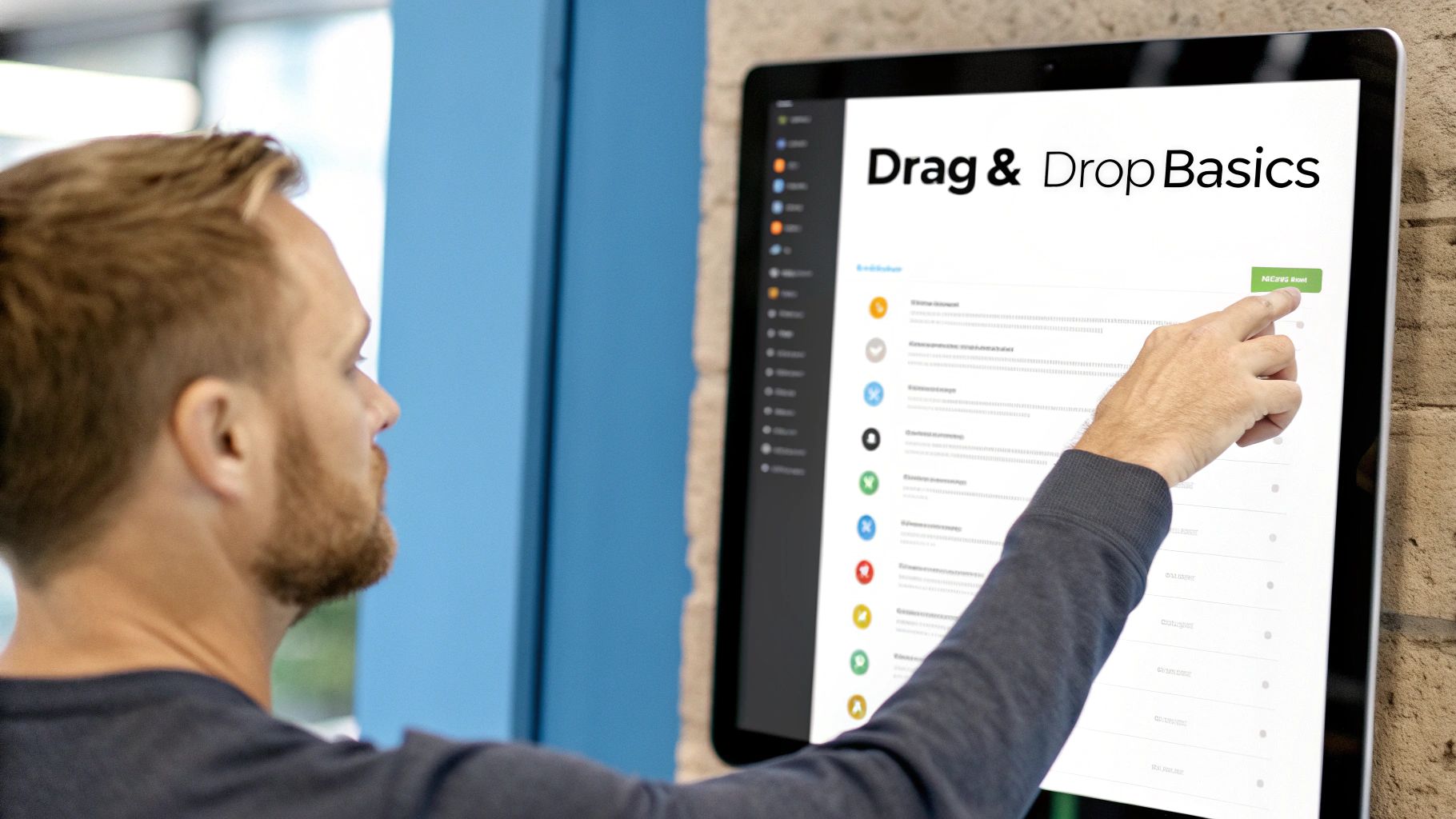 A man pointing at a wall-mounted touchscreen showing a Drag and Drop Basics screen with a reorderable list of items