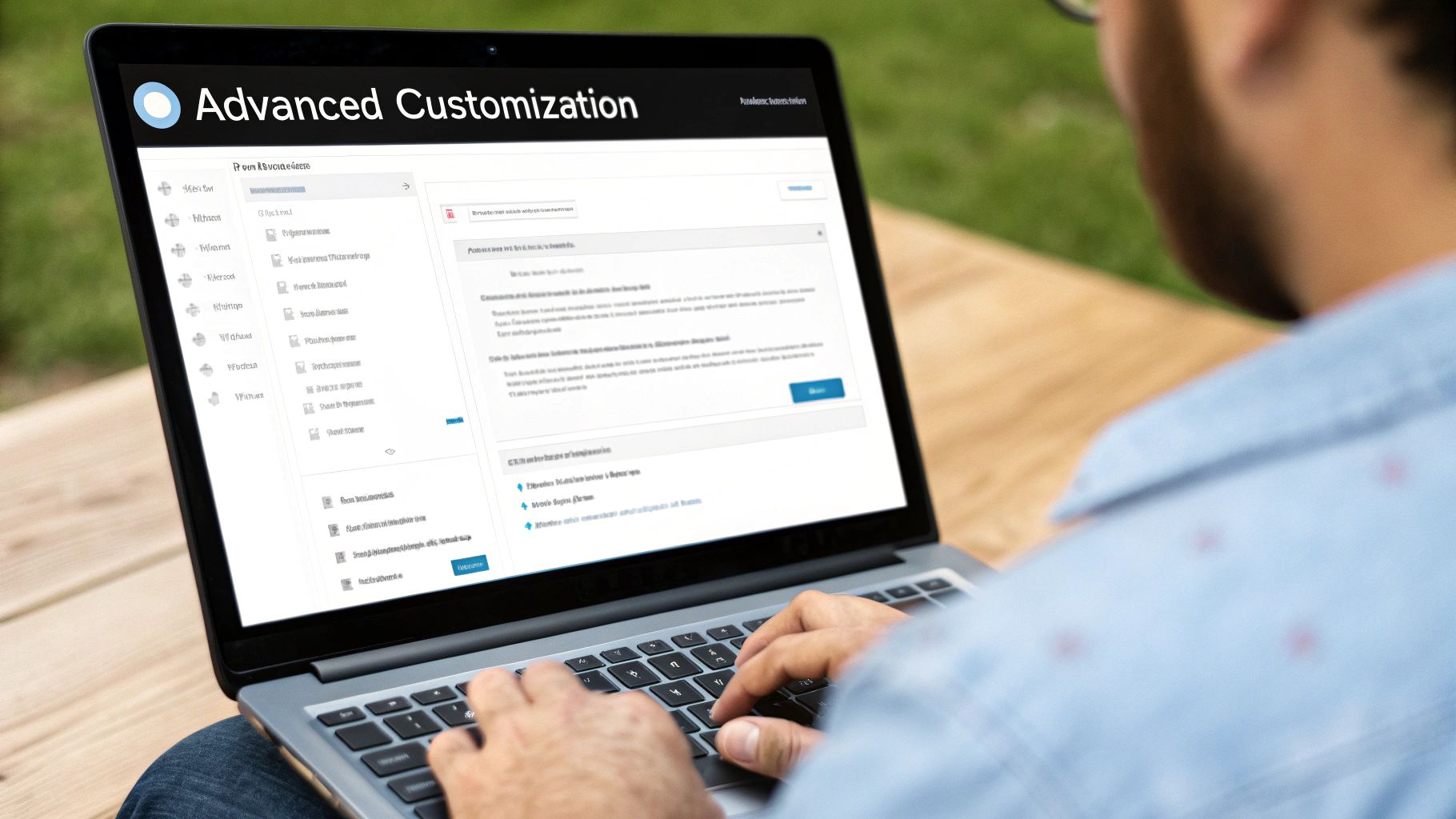 Someone typing on a laptop outdoors, the screen showing an Advanced Customization settings panel