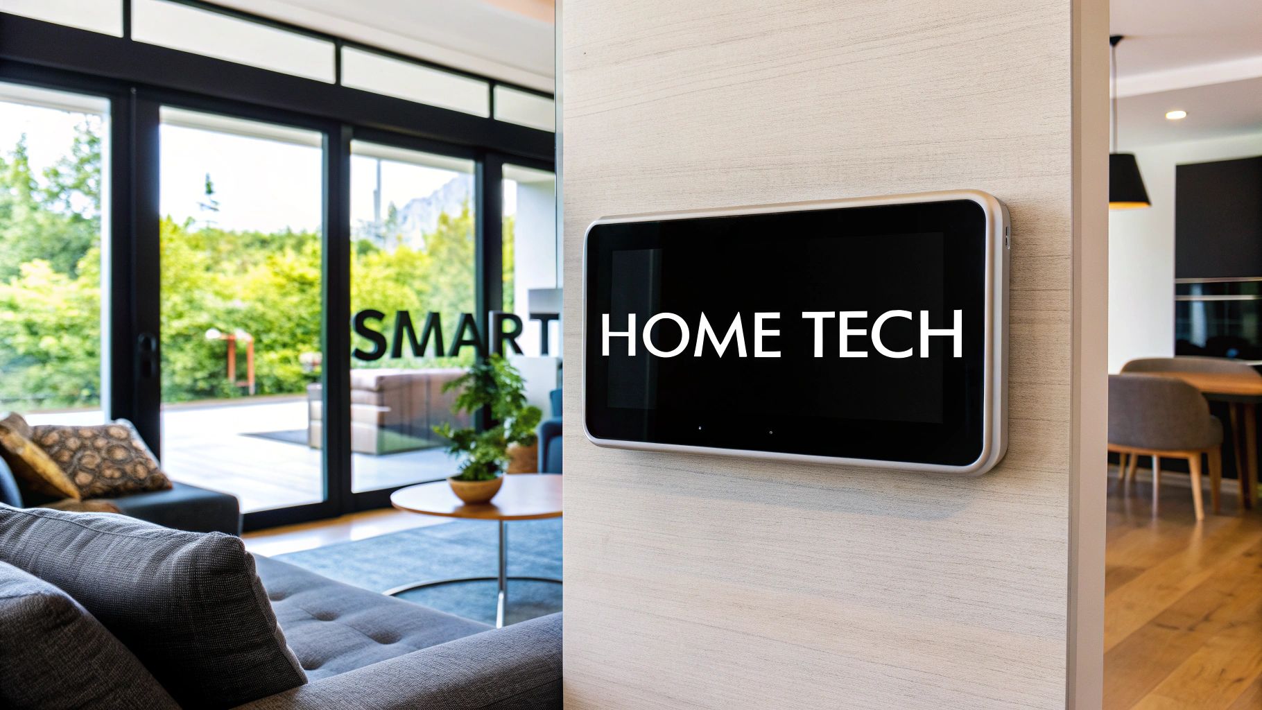 A wall-mounted touchscreen panel reading Home Tech, with a living room on one side and a dining area on the other