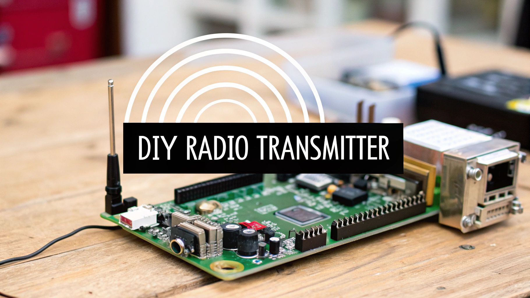 A Raspberry Pi with a wire aerial on a workbench, overlaid with broadcast rings and the words DIY Radio Transmitter