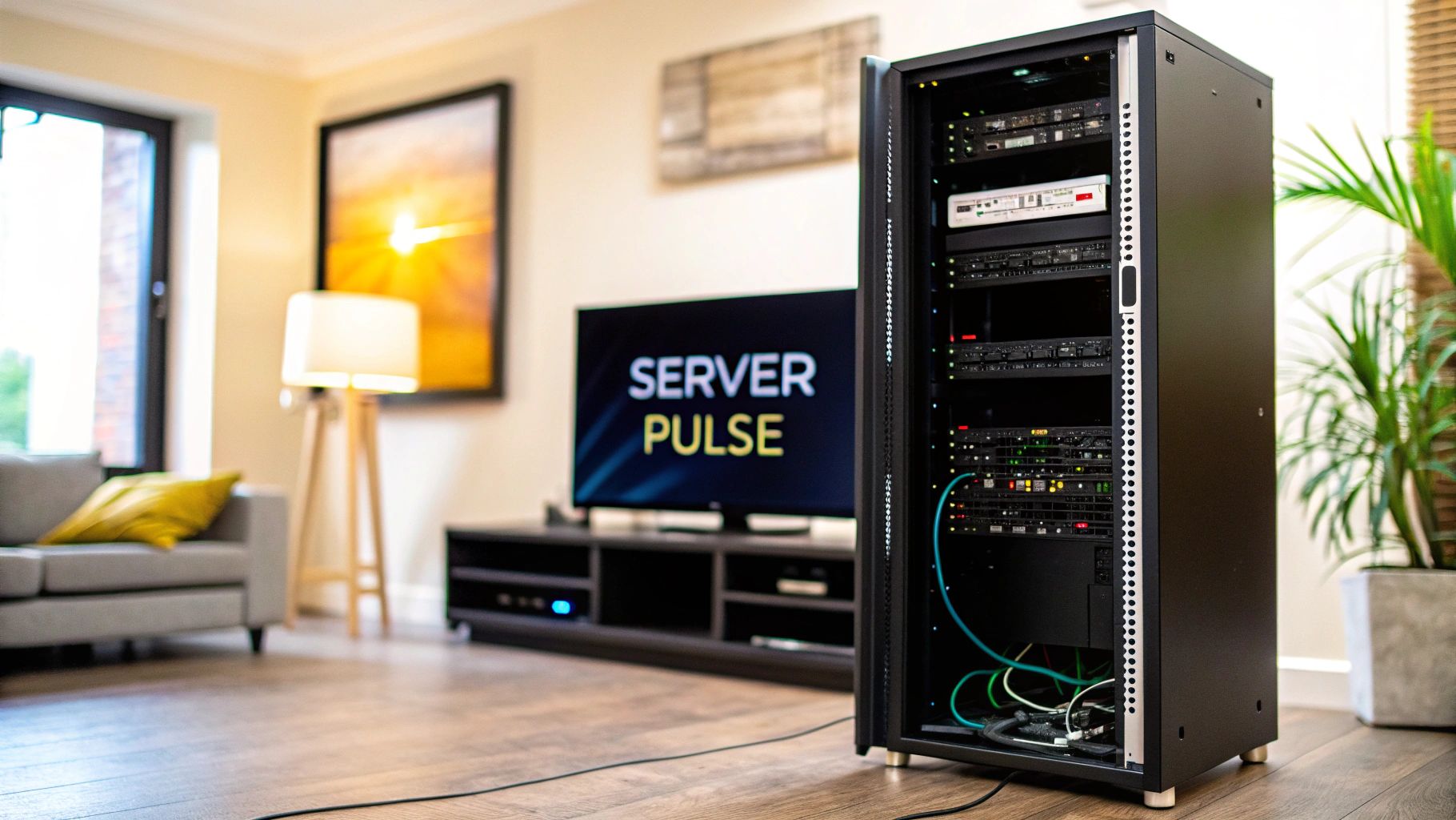 A small black server rack of blinking equipment standing in a living room, with a TV behind it reading Server Pulse