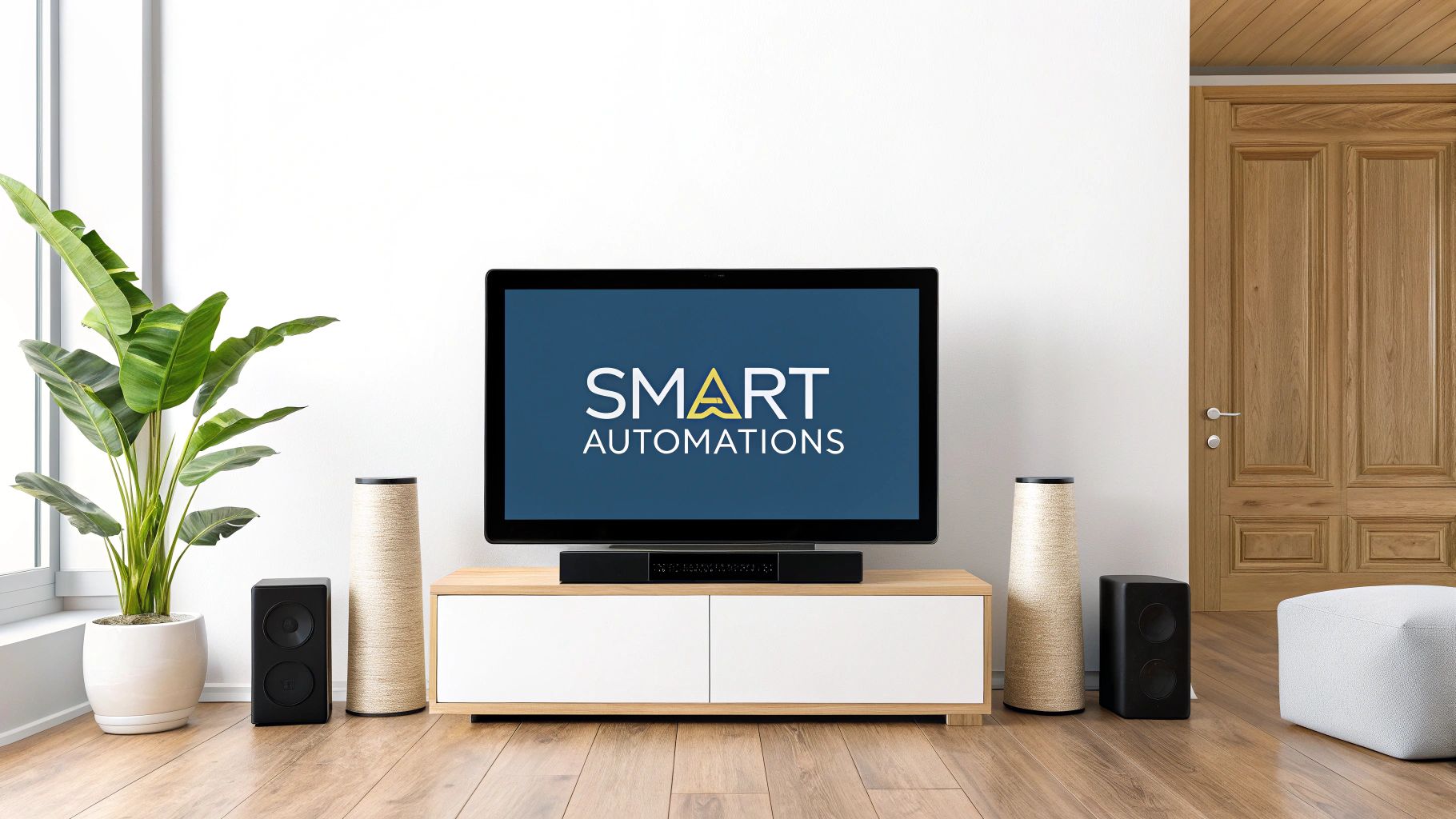 A living room TV on a sideboard displaying a Smart Automations screen, with floorstanding speakers either side