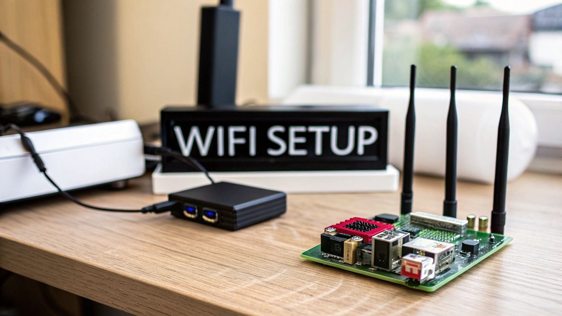 A Raspberry Pi board with three aerials on a desk next to a router and a mini PC, in front of a sign reading WiFi Setup