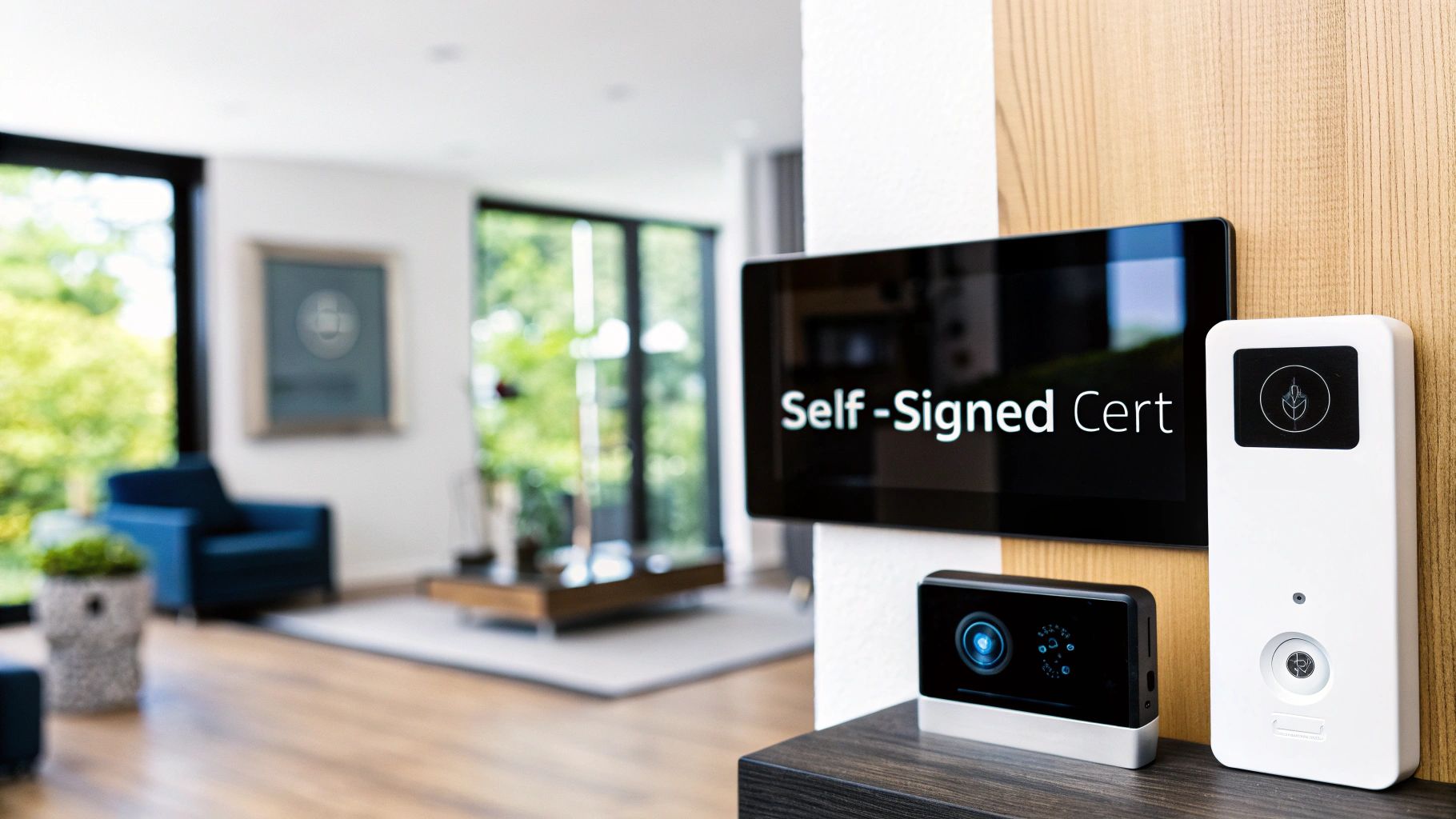 A wall-mounted display reading Self-Signed Cert, beside a video doorbell and a smart camera in a modern living room