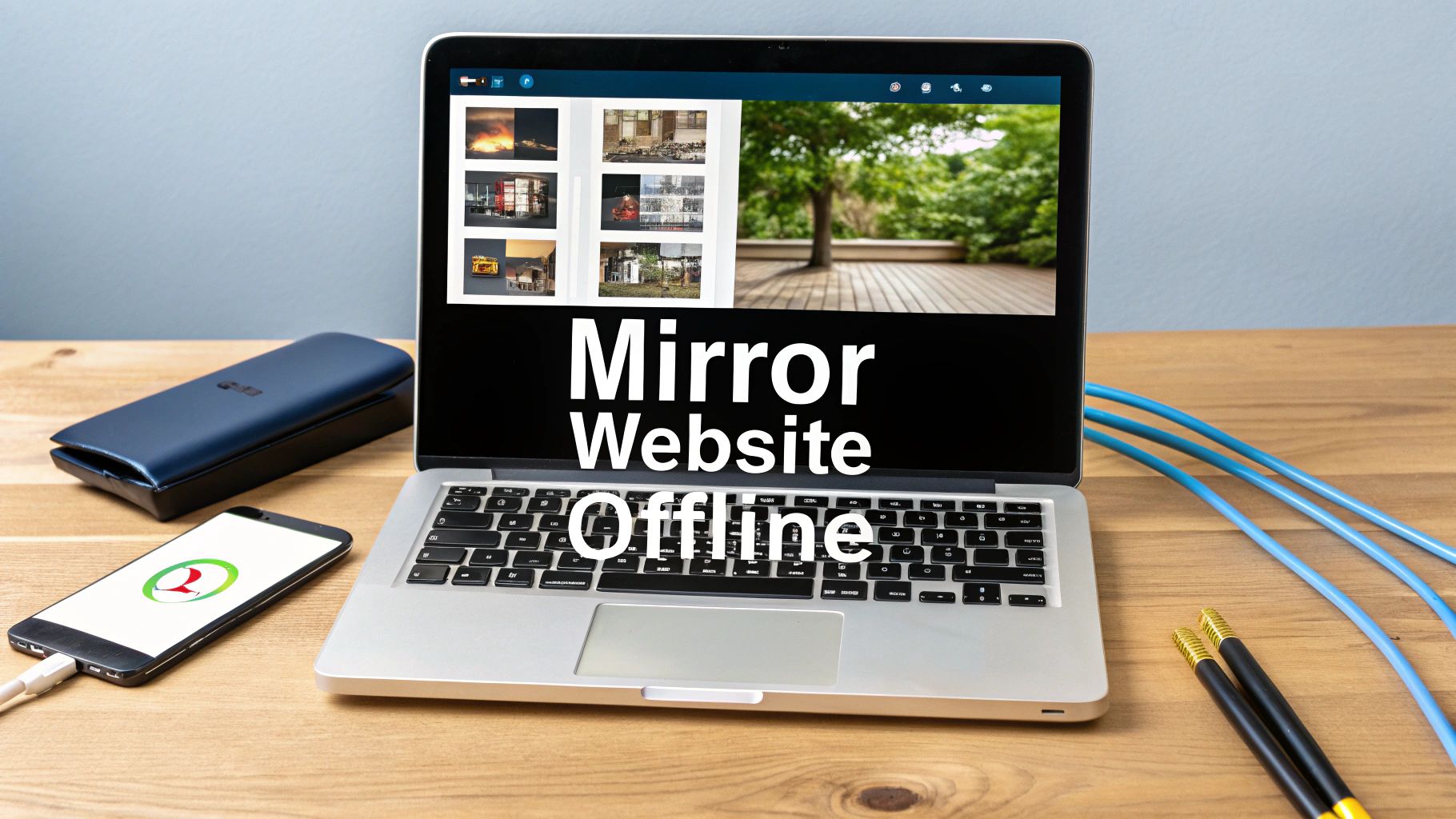 A laptop showing an archived web page of image thumbnails, with ethernet cables and a phone on the desk beside it