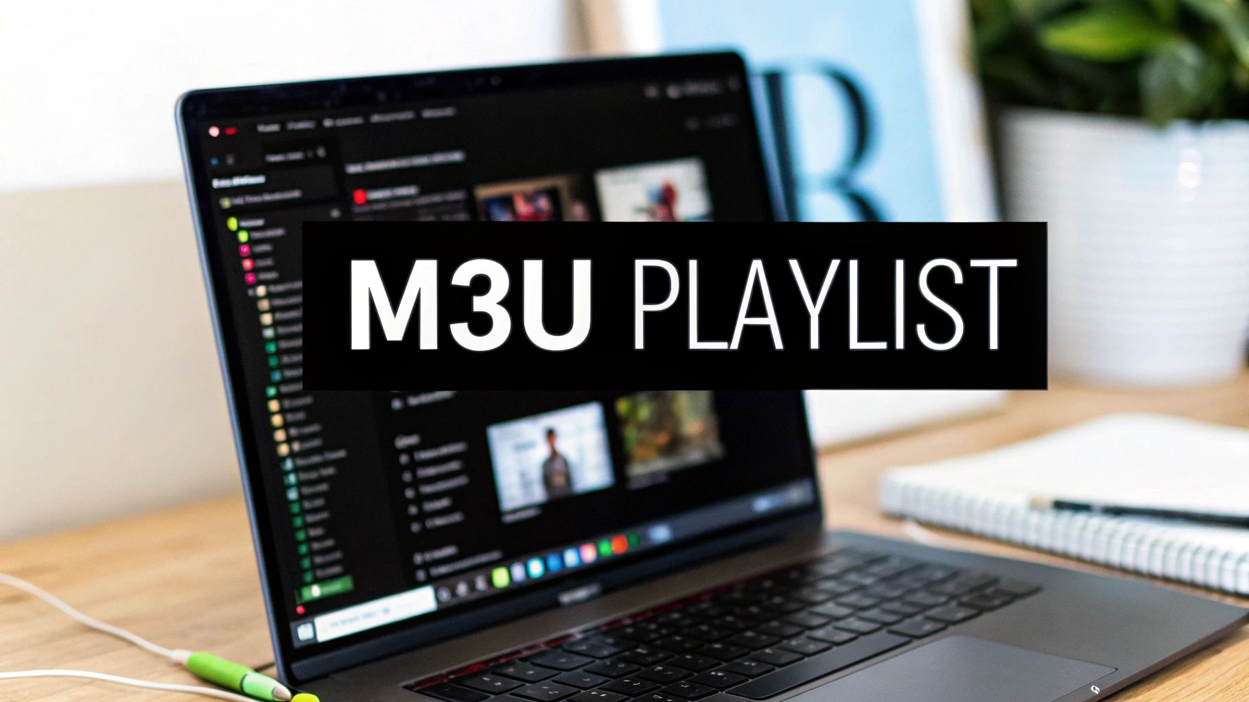 A laptop on a desk showing a media library of playlists and cover art, captioned M3U Playlist