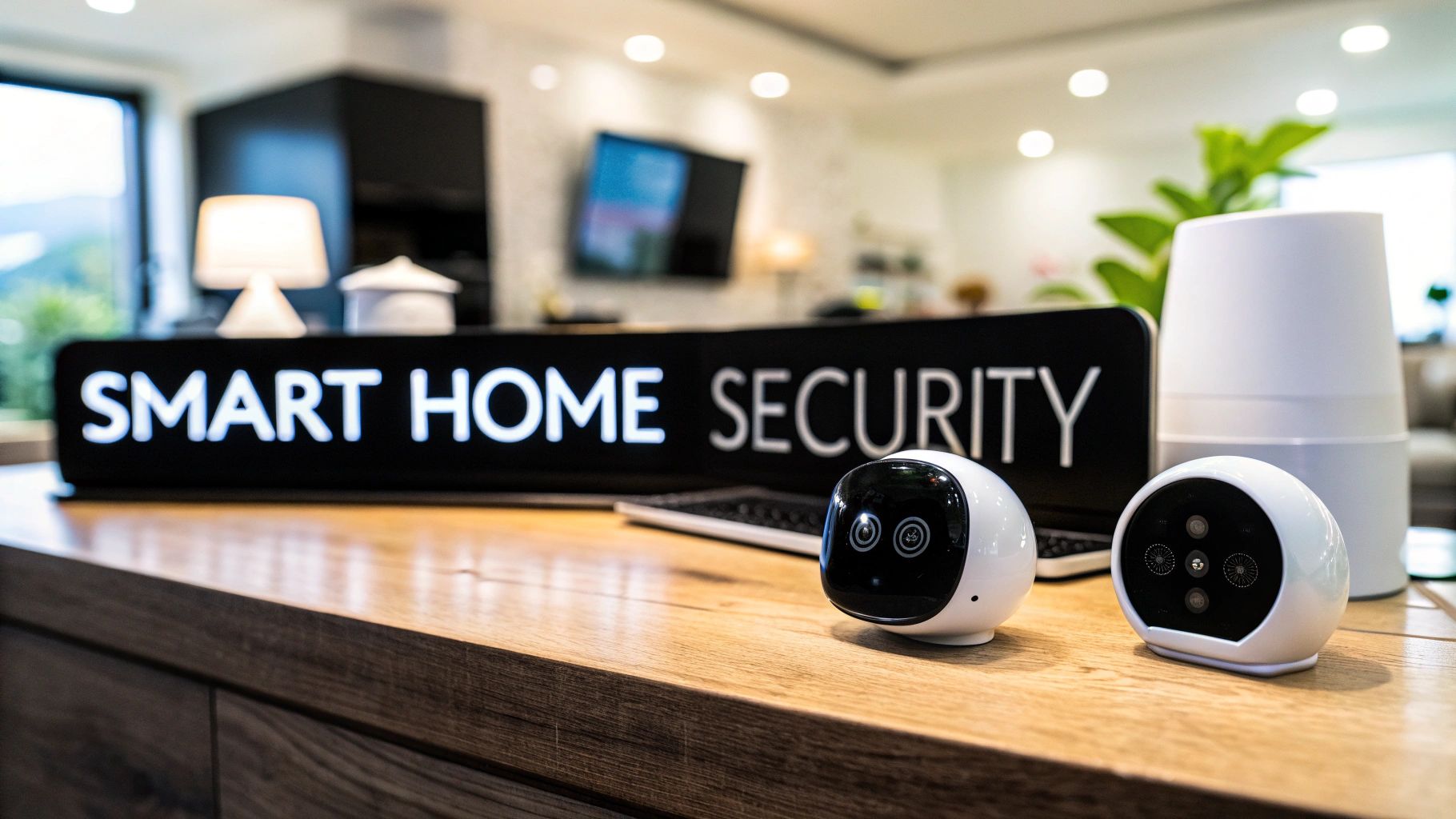 Two smart home cameras on a wooden counter in front of a sign reading Smart Home Security