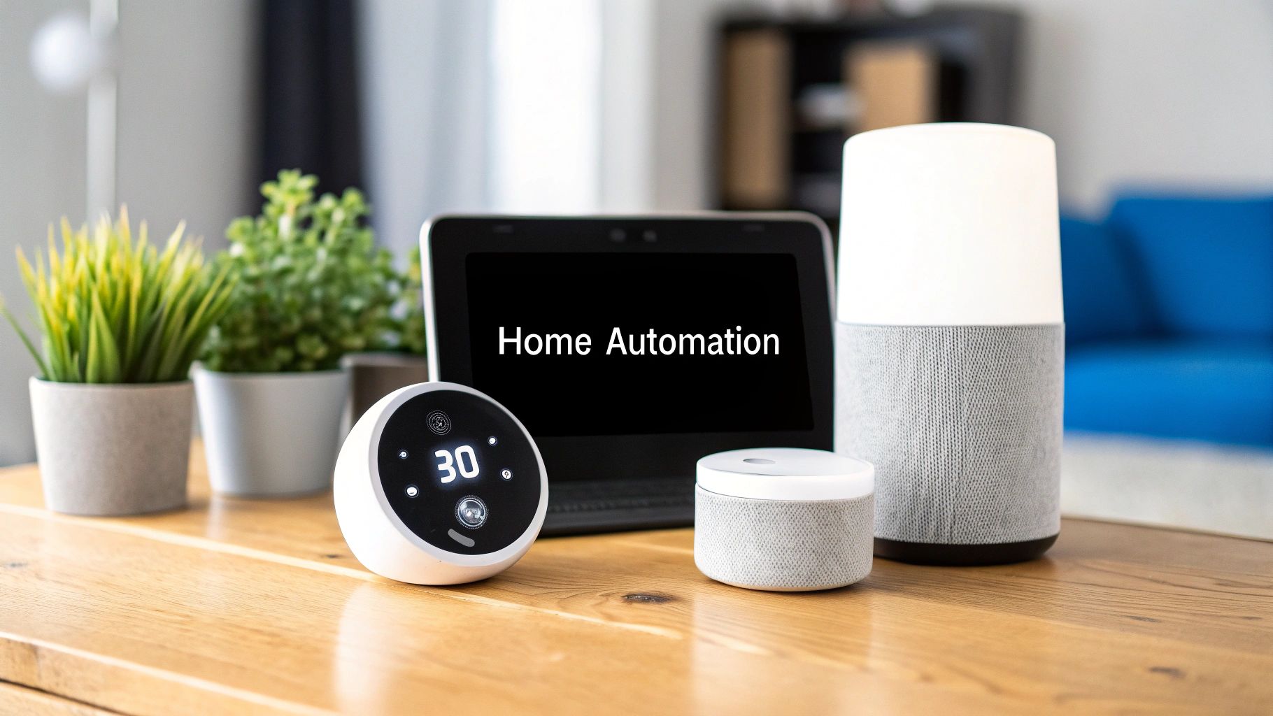 A smart display, smart thermostat, sensor and smart speaker grouped on a wooden table, the display reading Home Automation
