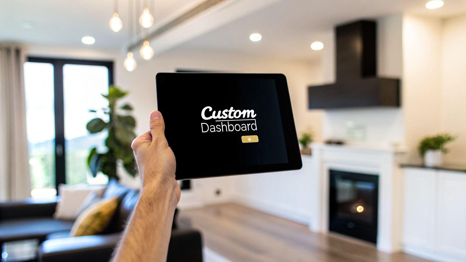 A hand holding up a tablet in an open-plan kitchen and living room, the screen reading Custom Dashboard