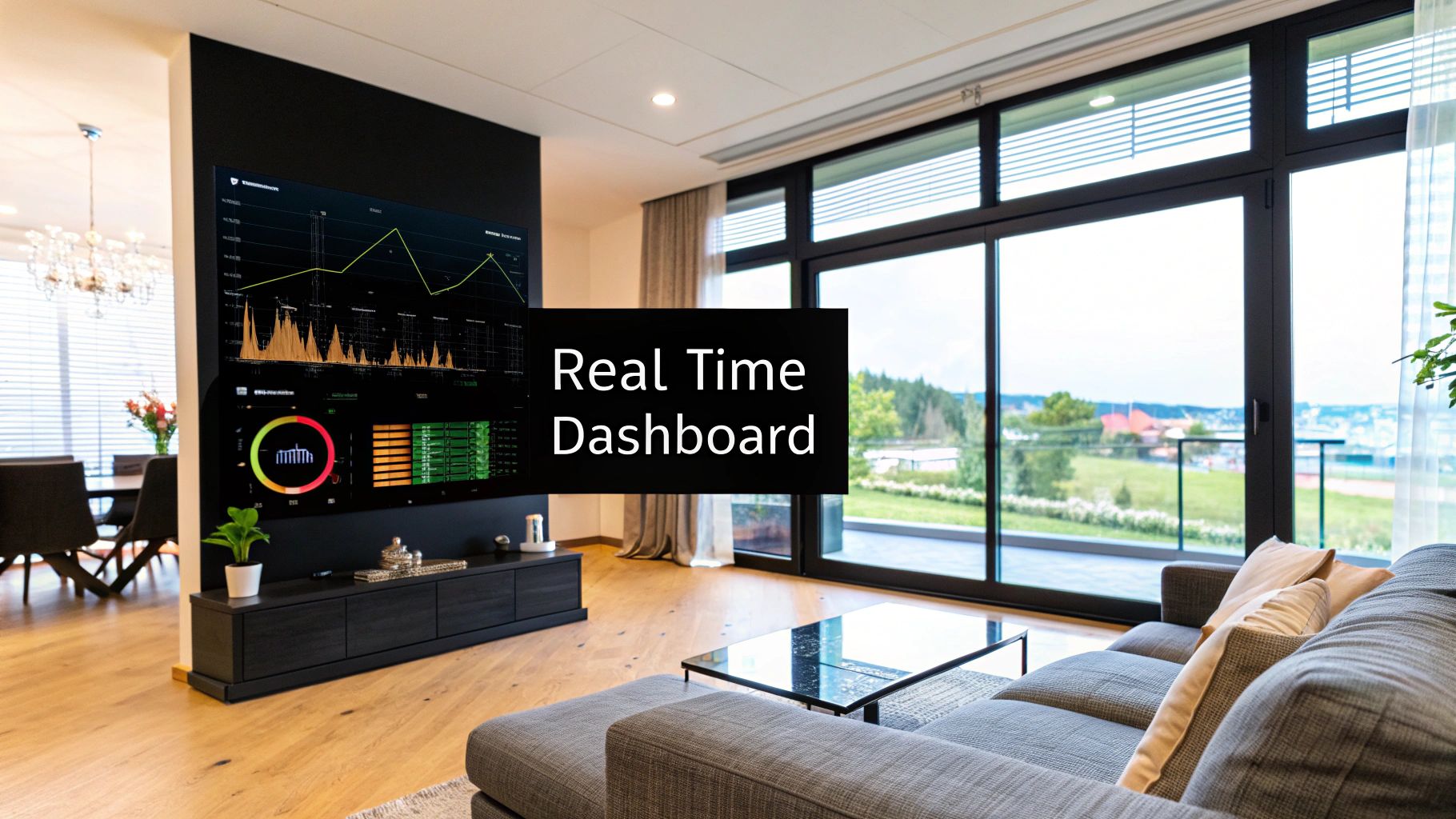A large wall-mounted screen in a living room showing live charts and gauges, captioned Real Time Dashboard