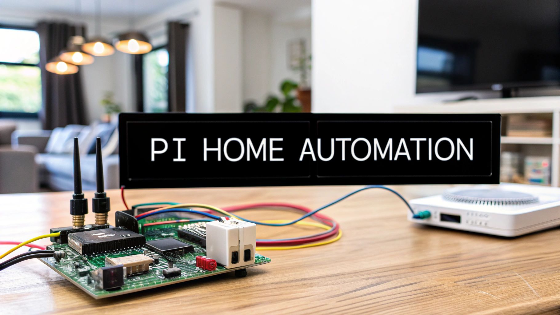 A Raspberry Pi board with two aerials and jumper wires on a table, cabled to a hub, in front of a sign reading Pi Home Automation