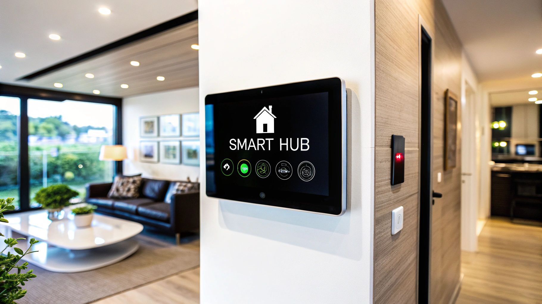 A wall-mounted touchscreen panel showing a house icon and a row of device controls, with a living room on one side and a hallway on the other