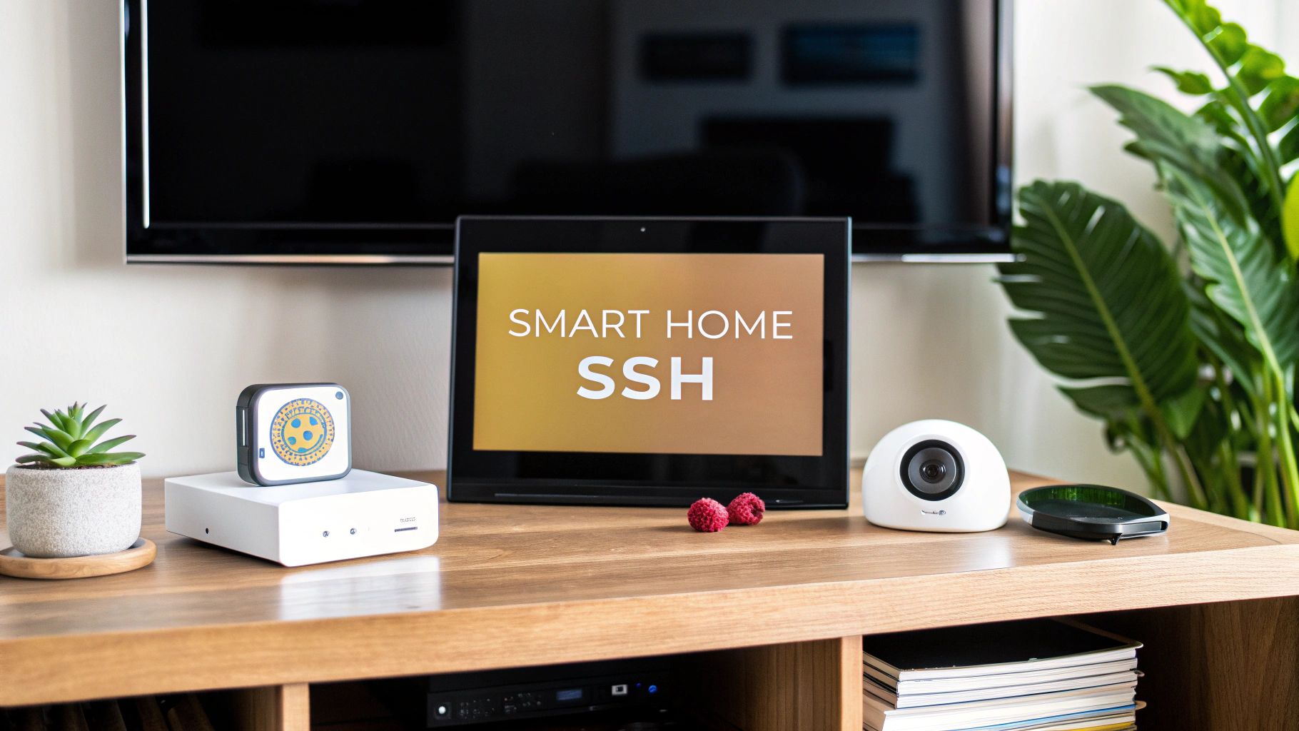 A smart display reading Smart Home SSH on a sideboard, beside a mini PC, a camera and other smart home devices