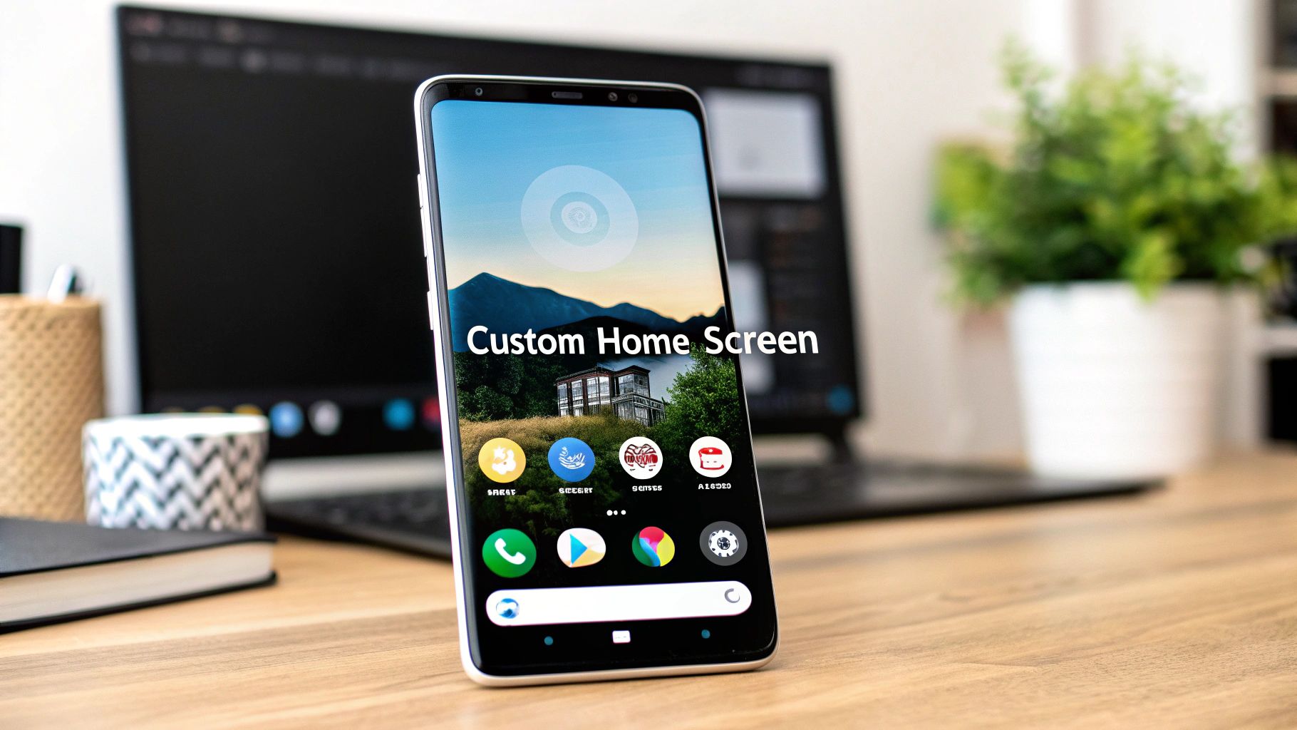 An Android phone standing on a desk with a customised home screen: landscape wallpaper, rounded app icons and a search bar