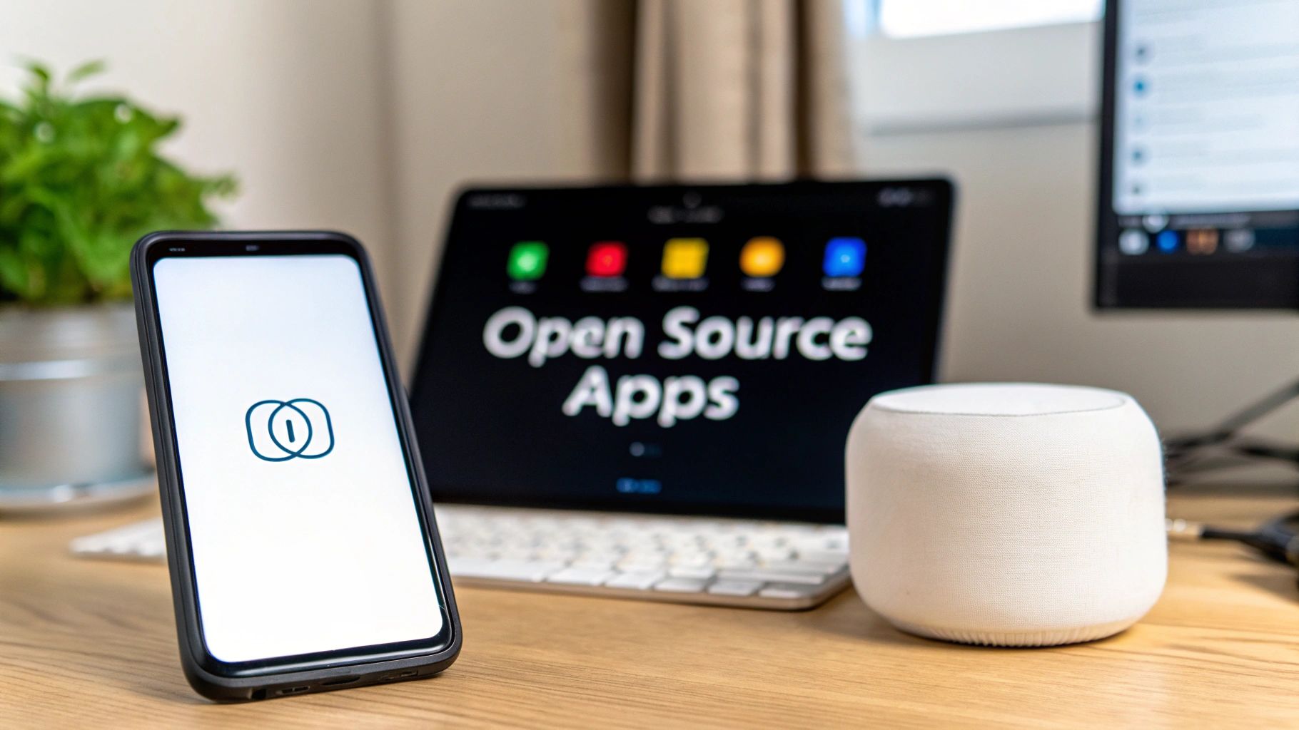 A phone standing on a desk beside a laptop showing a grid of app icons under the words Open Source Apps