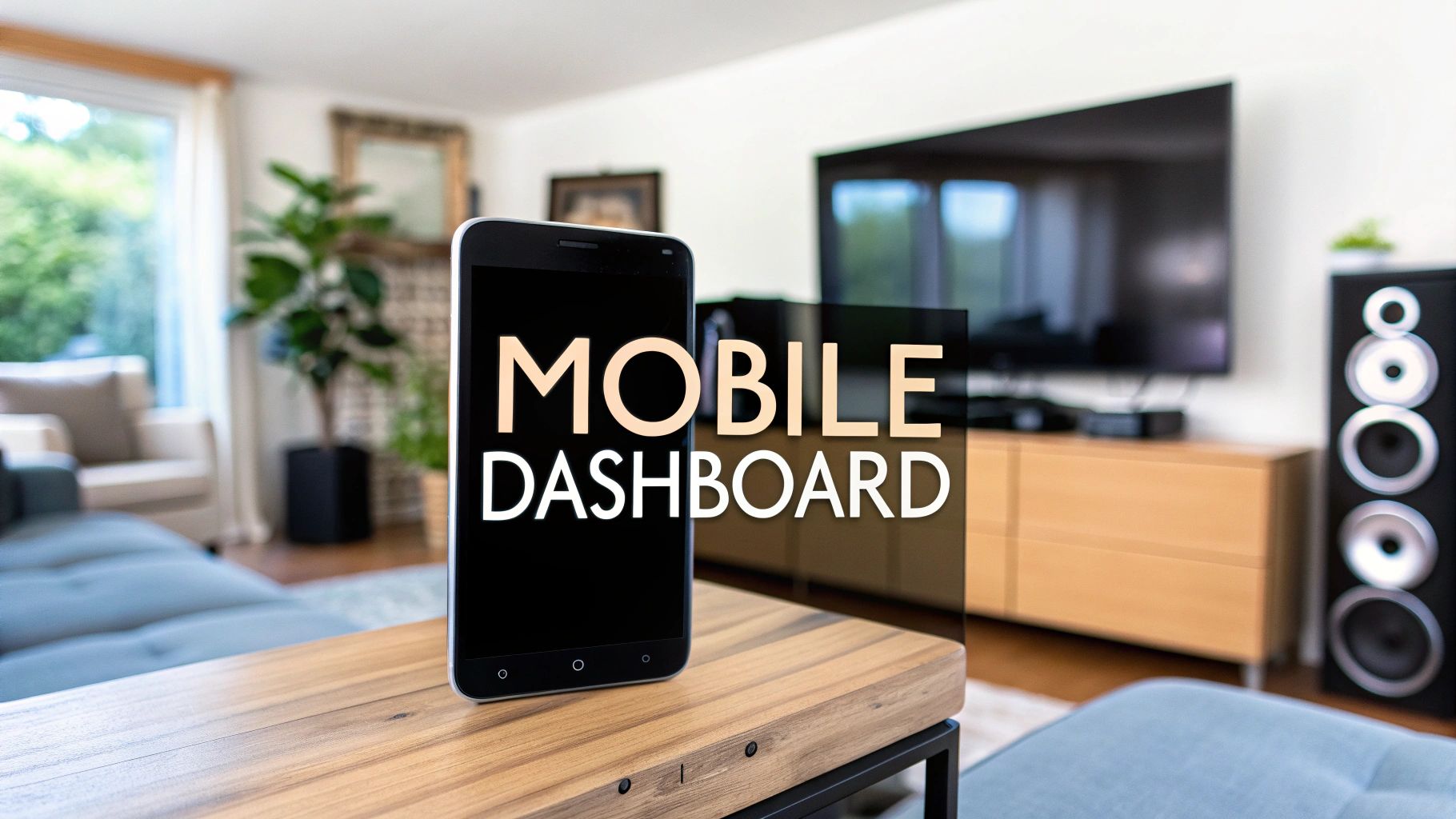 A phone standing on a coffee table in a living room, its screen reading Mobile Dashboard, with a wall-mounted TV and speakers behind