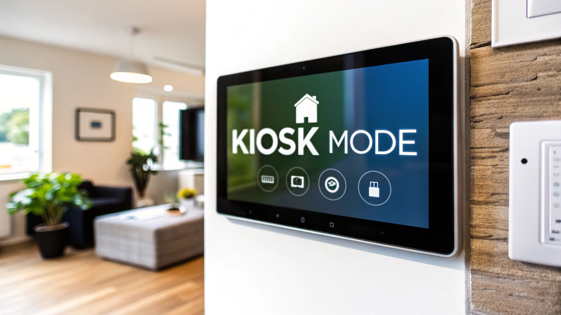 A tablet mounted flush to a wall in kiosk mode, showing a house icon above four control buttons