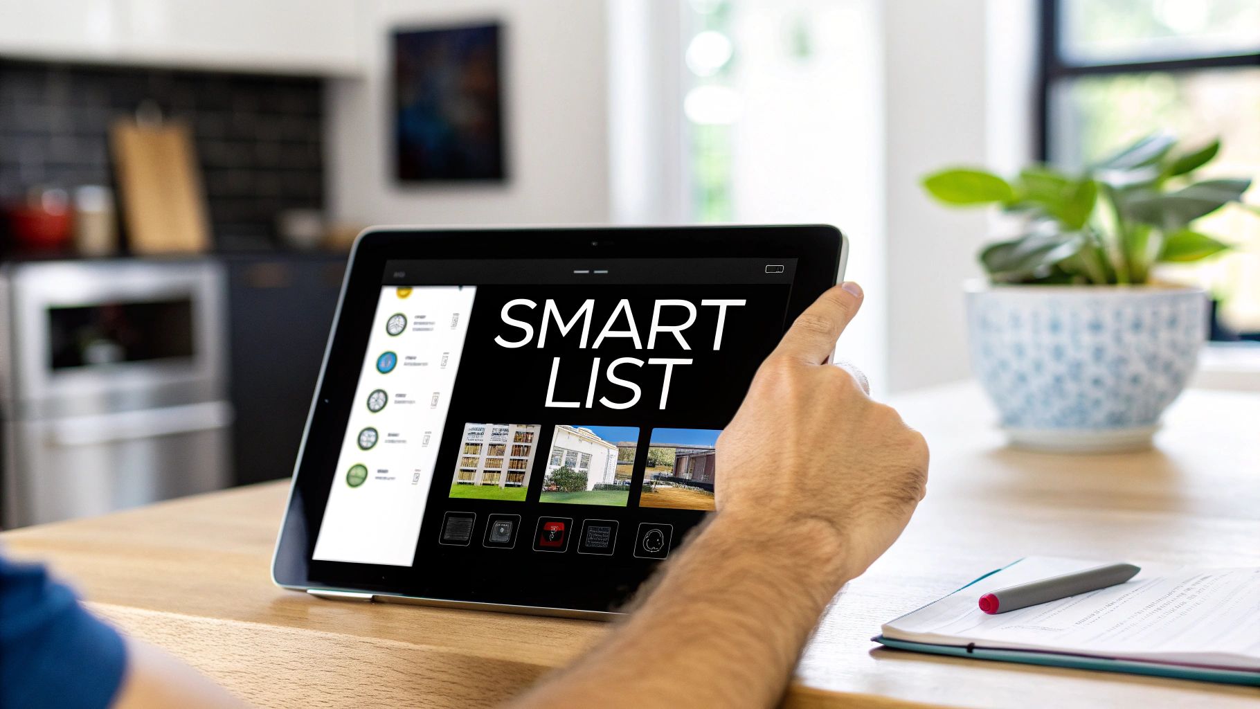 Someone holding a tablet in a kitchen, the screen showing a scrollable list of entries alongside photo tiles and control buttons