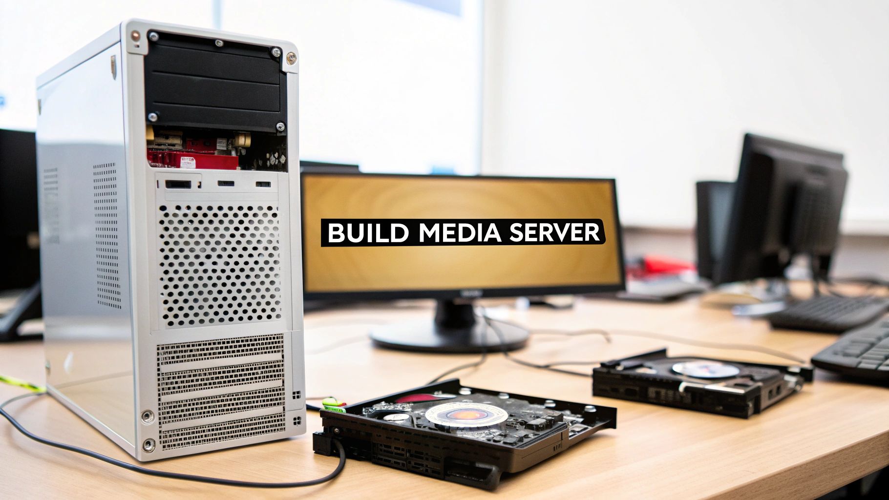 A white PC tower on a desk with two bare hard drives laid out in front of it and a monitor behind reading Build Media Server