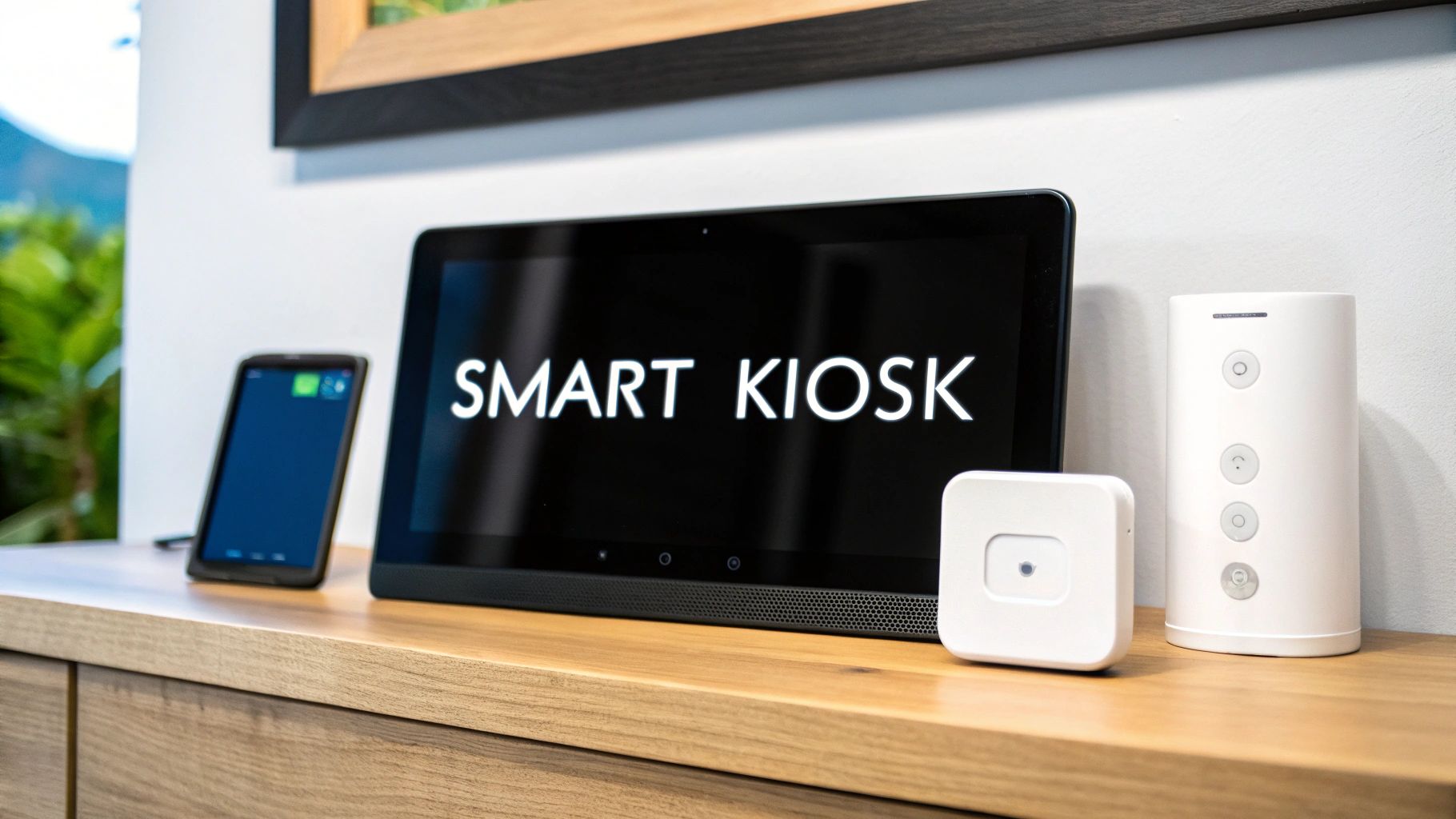 A tablet reading Smart Kiosk on a wooden sideboard, flanked by a phone, a small sensor and a cylindrical smart home hub