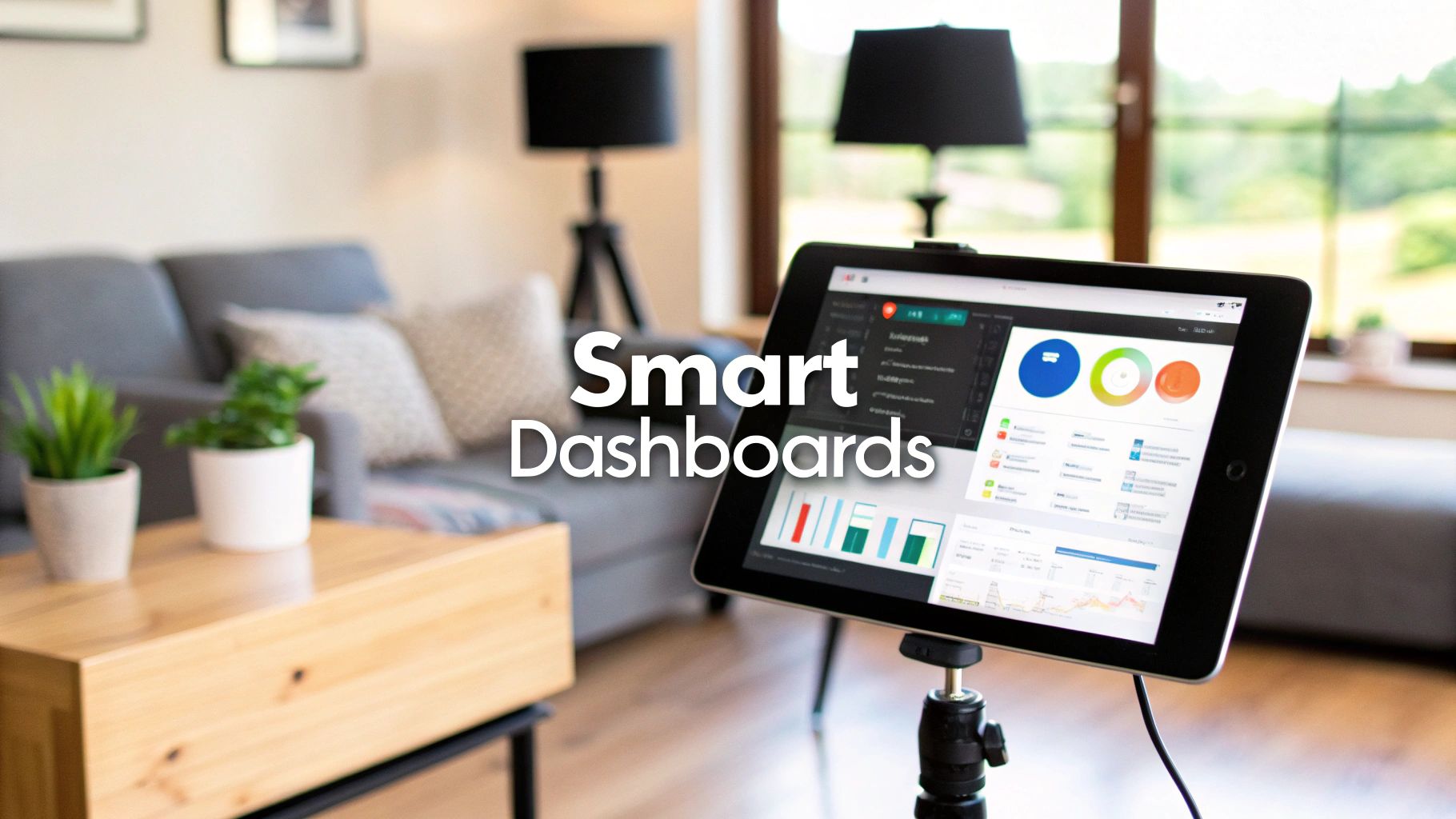 A tripod-mounted tablet in a living room showing a smart home dashboard of charts, gauges and device tiles