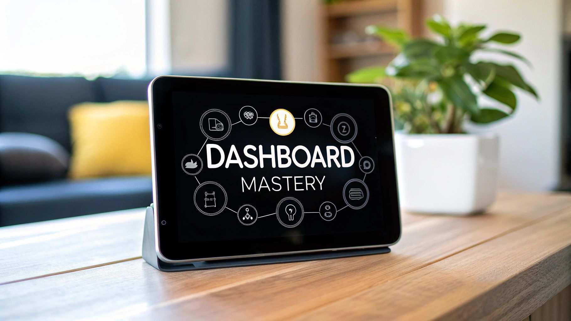 A tablet in a stand on a wooden shelf showing a connected ring of smart home icons around the words Dashboard Mastery