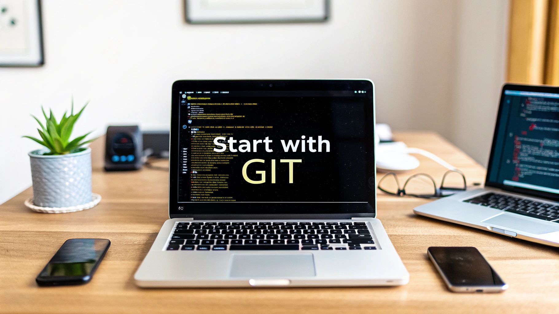 A laptop on a wooden desk showing a terminal full of Git output, with a second laptop and a phone beside it