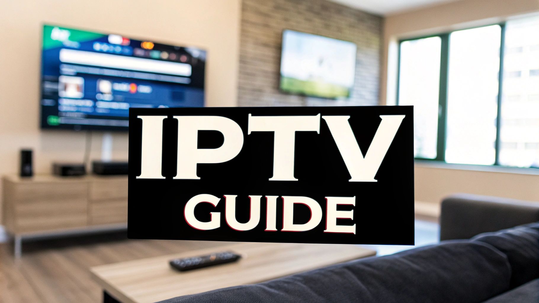 A living room with a wall-mounted TV showing a channel guide, overlaid with the words IPTV Guide