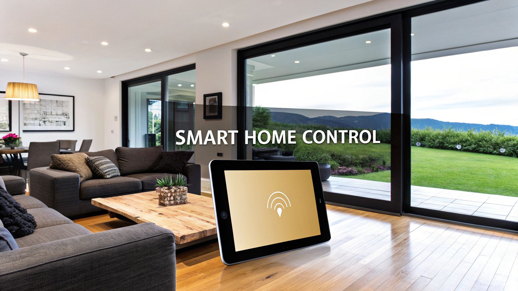 An open-plan living room with full-height garden doors and a tablet propped on the floor running a smart home control app