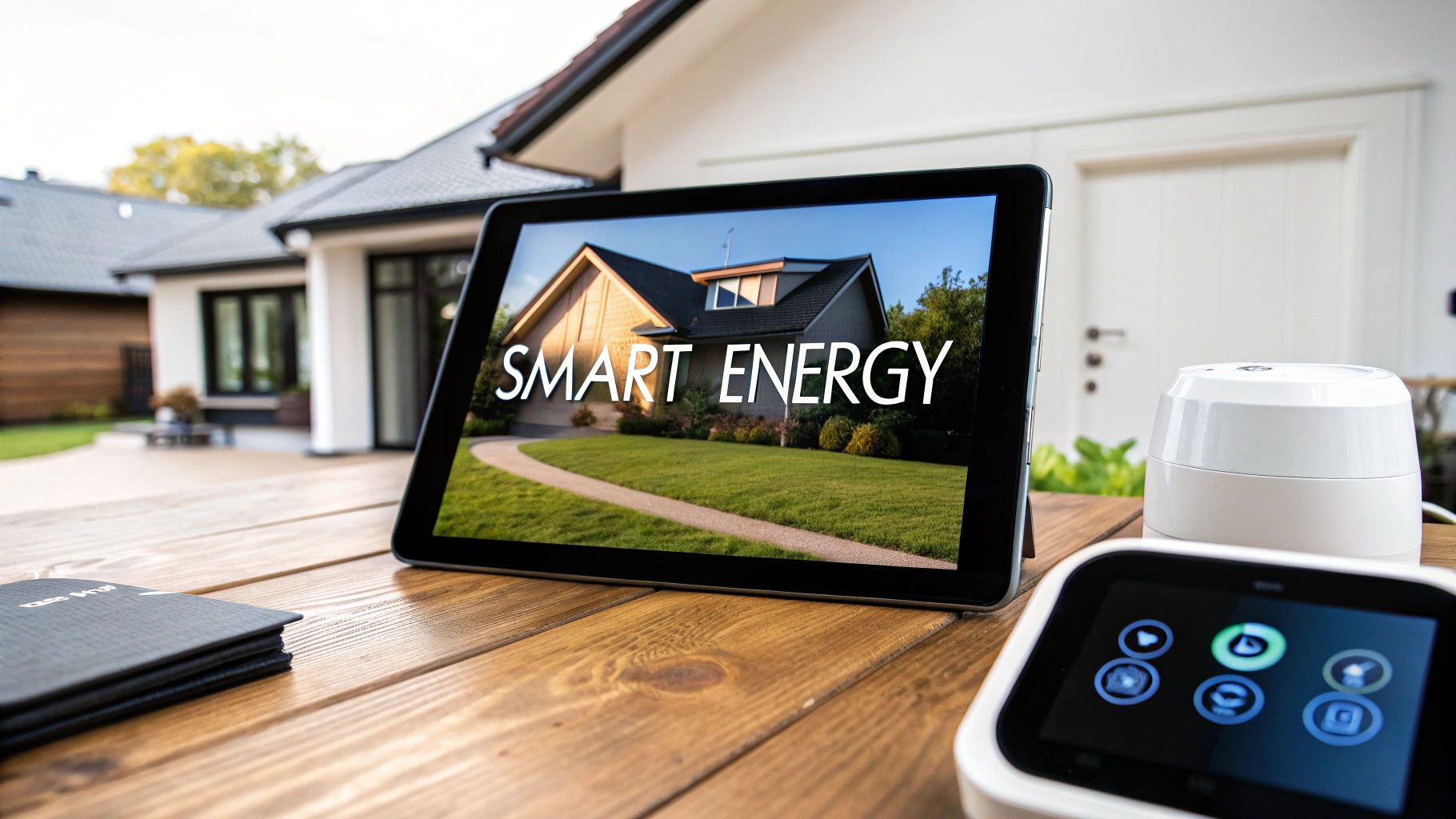A tablet on an outdoor table showing a house and the words Smart Energy, with a smart sensor and a control panel beside it
