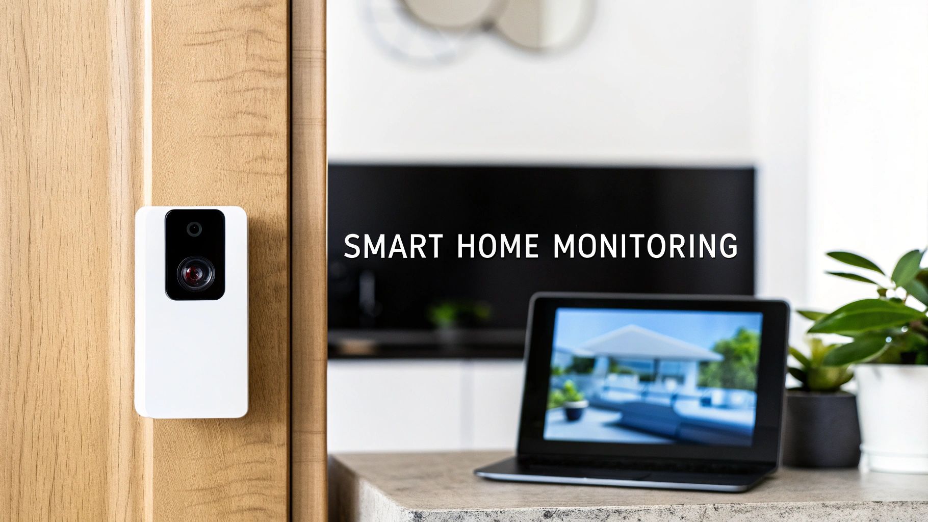 A video doorbell mounted on a door frame, with a laptop showing a camera feed on the counter behind