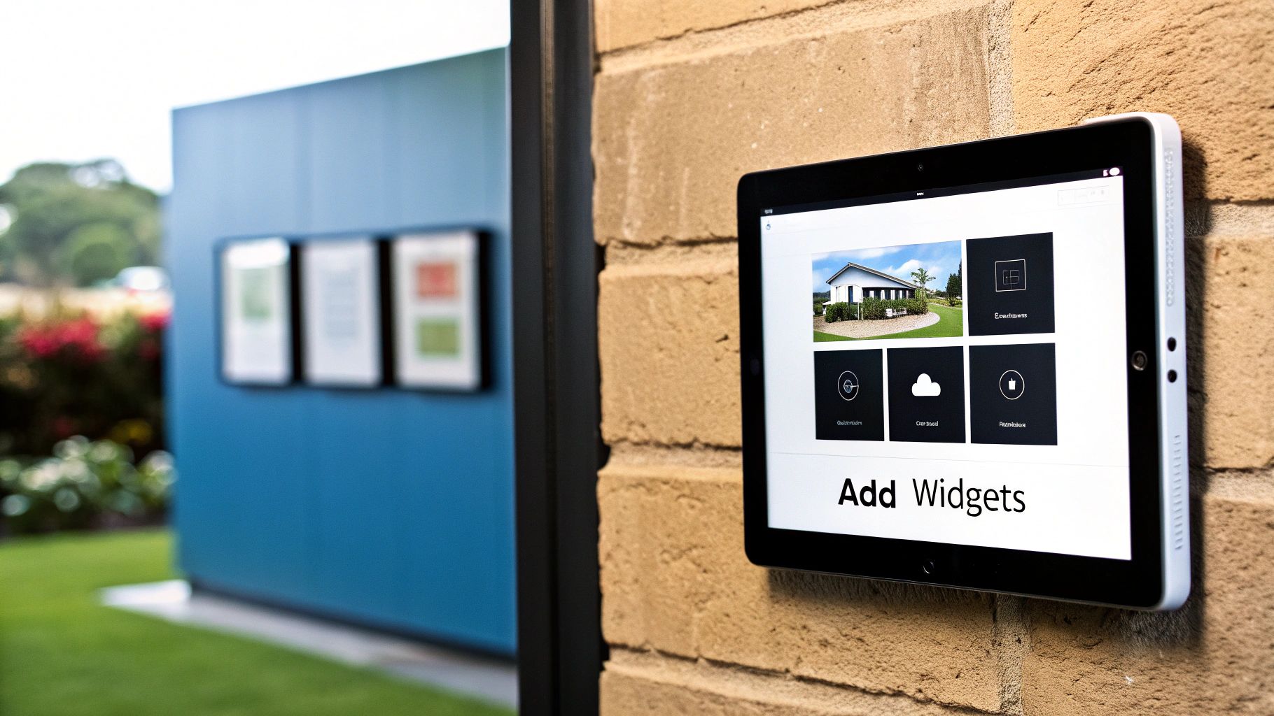A tablet mounted on an exterior stone wall showing a grid of dashboard tiles under the heading Add Widgets