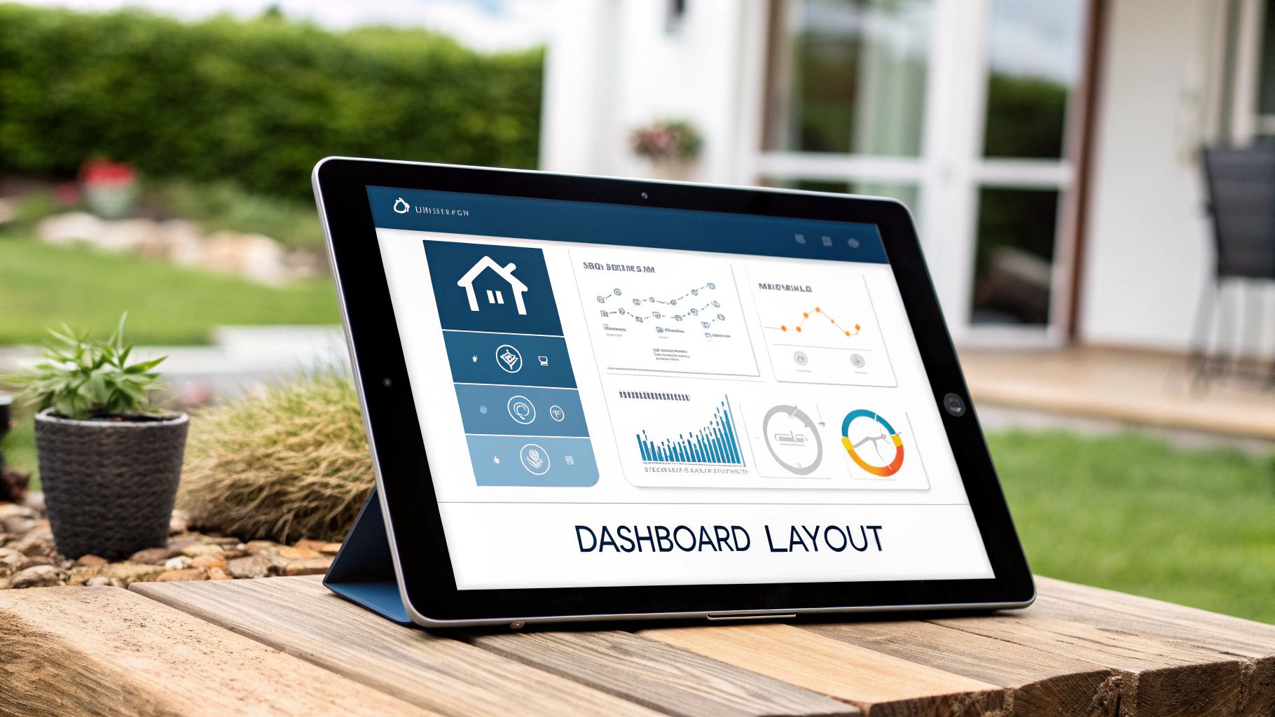 A tablet on an outdoor bench showing a dashboard of icons, charts and gauges, captioned Dashboard Layout