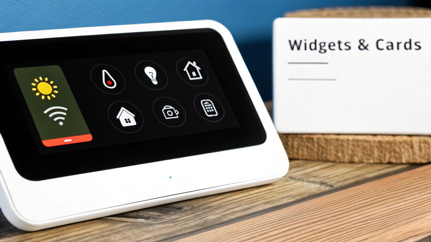 A smart display showing weather and device icons, beside a card headed Widgets and Cards