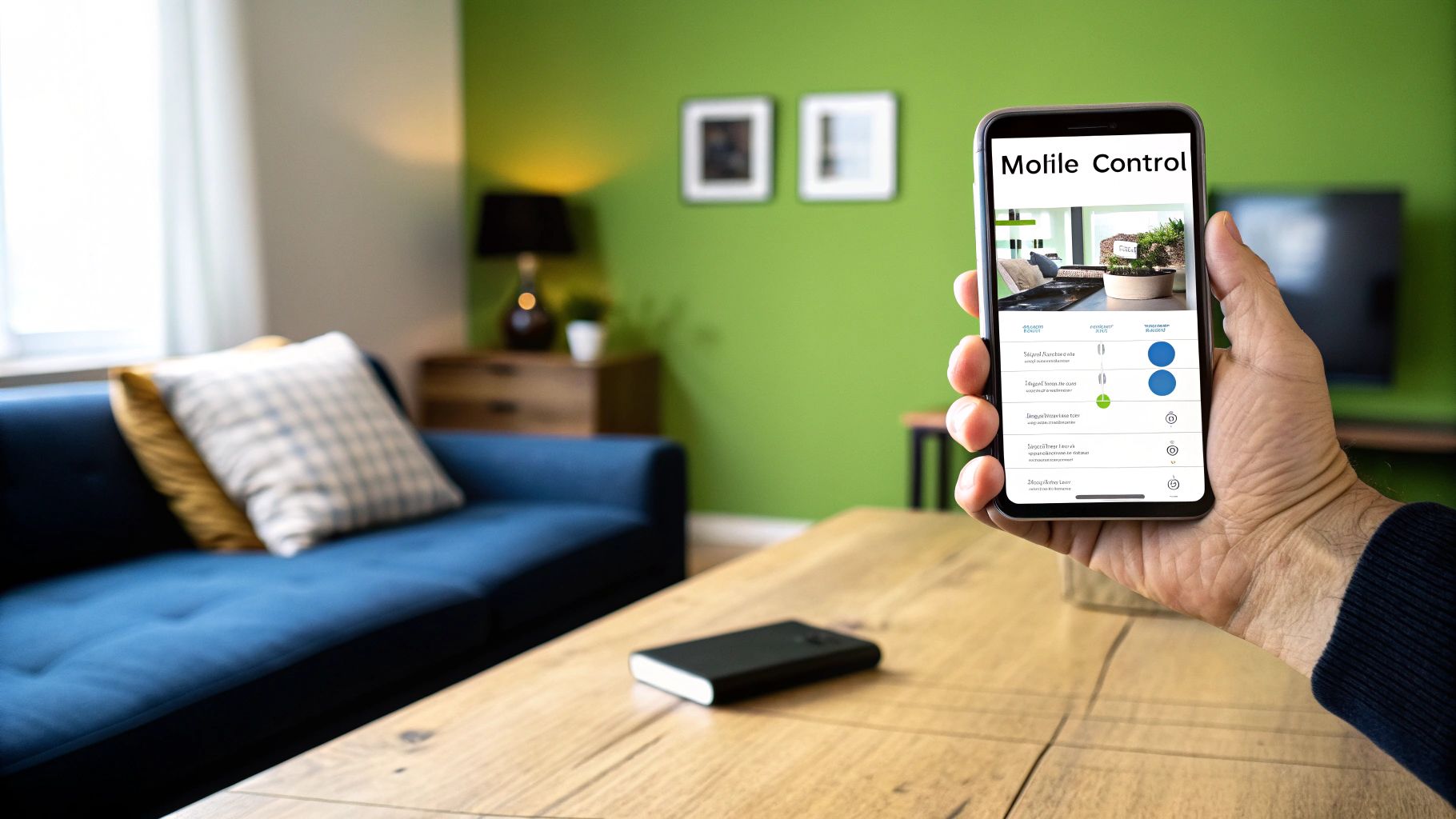 A hand holding a phone in a living room, the screen showing a Mobile Control view with room toggles