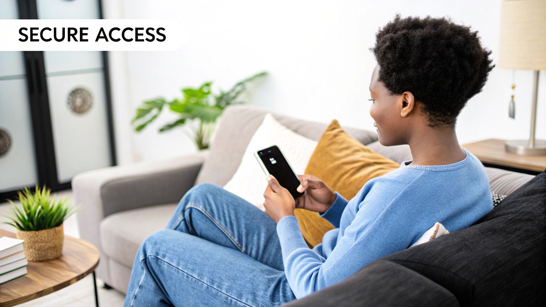 A person sitting on a sofa using their phone, captioned Secure Access