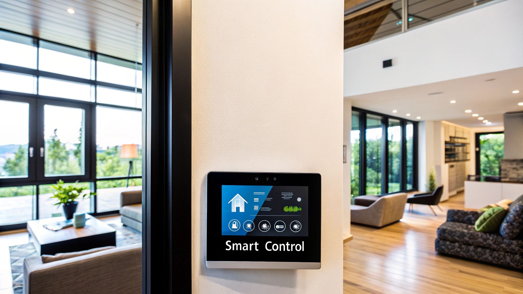 A wall-mounted touchscreen reading Smart Control in a modern open-plan home
