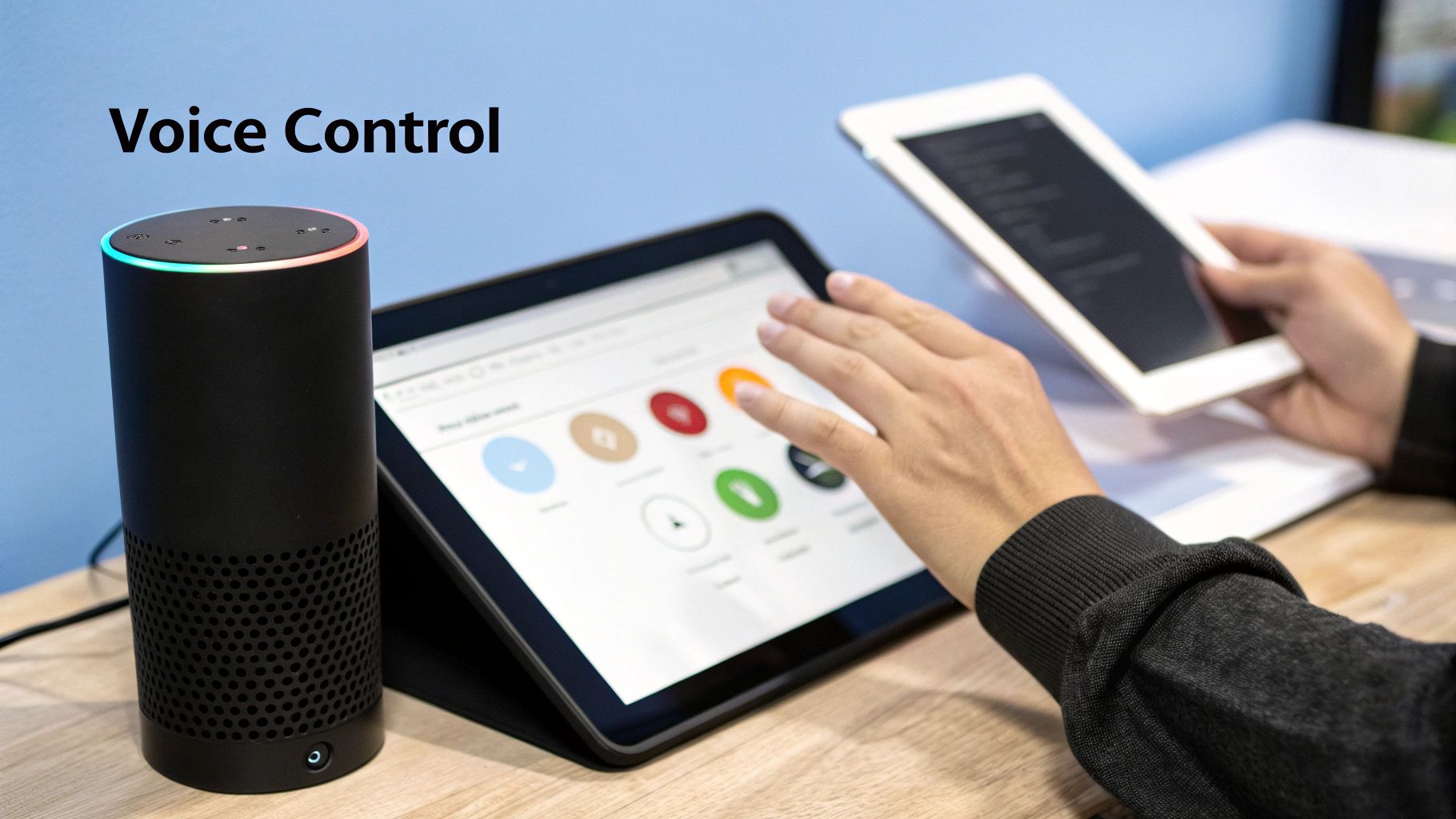 A smart speaker beside a tablet of colour-coded device controls, with a second tablet held behind, captioned Voice Control