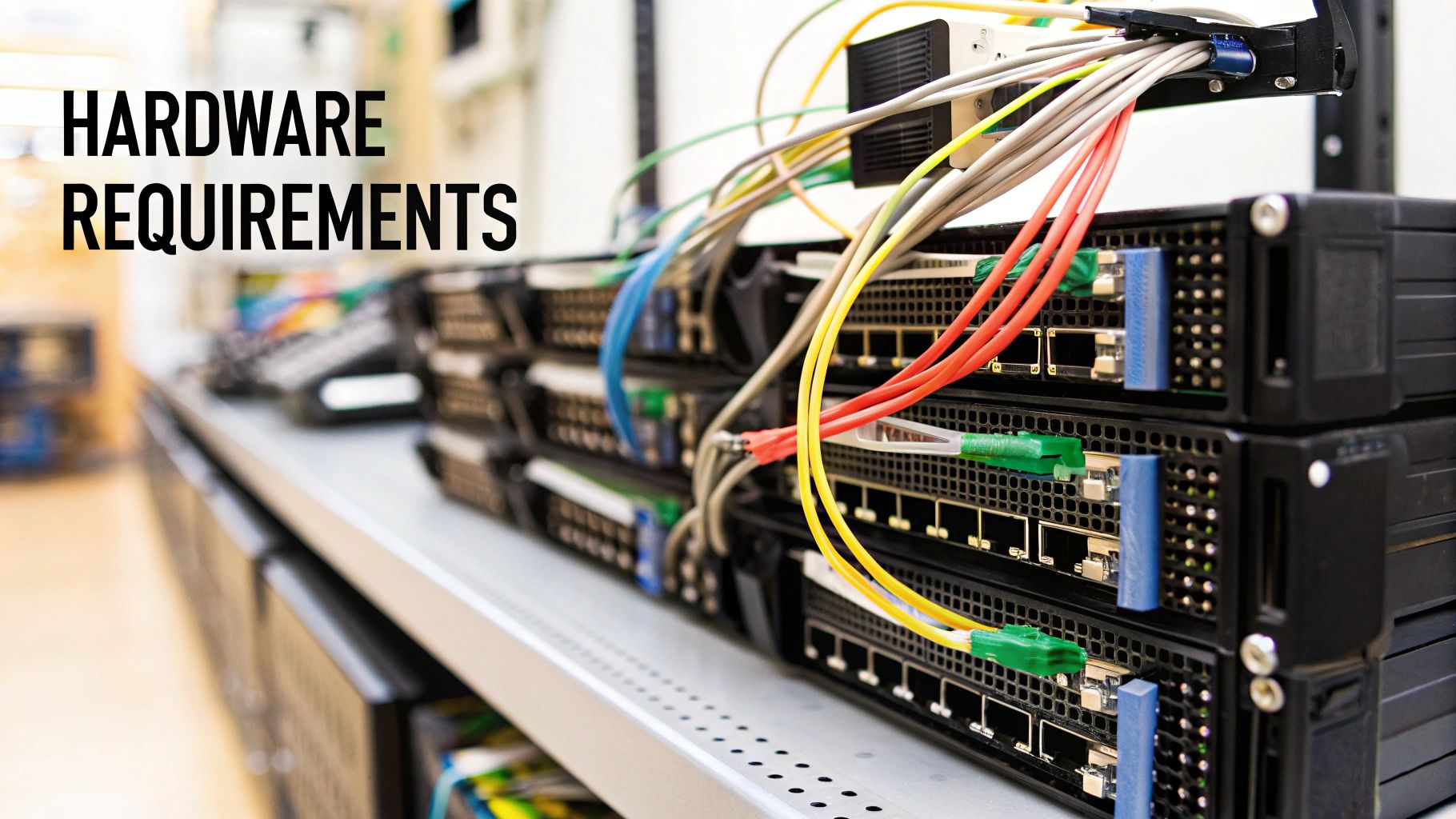Rack-mounted network switches with coloured patch cables, captioned Hardware Requirements