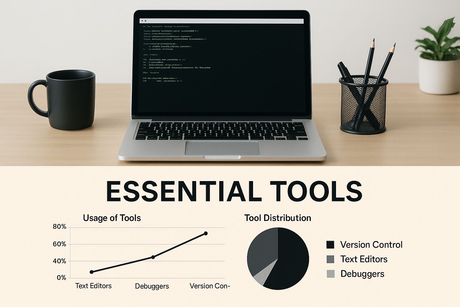 A laptop above charts of tool usage and distribution across version control, text editors and debuggers, captioned Essential Tools