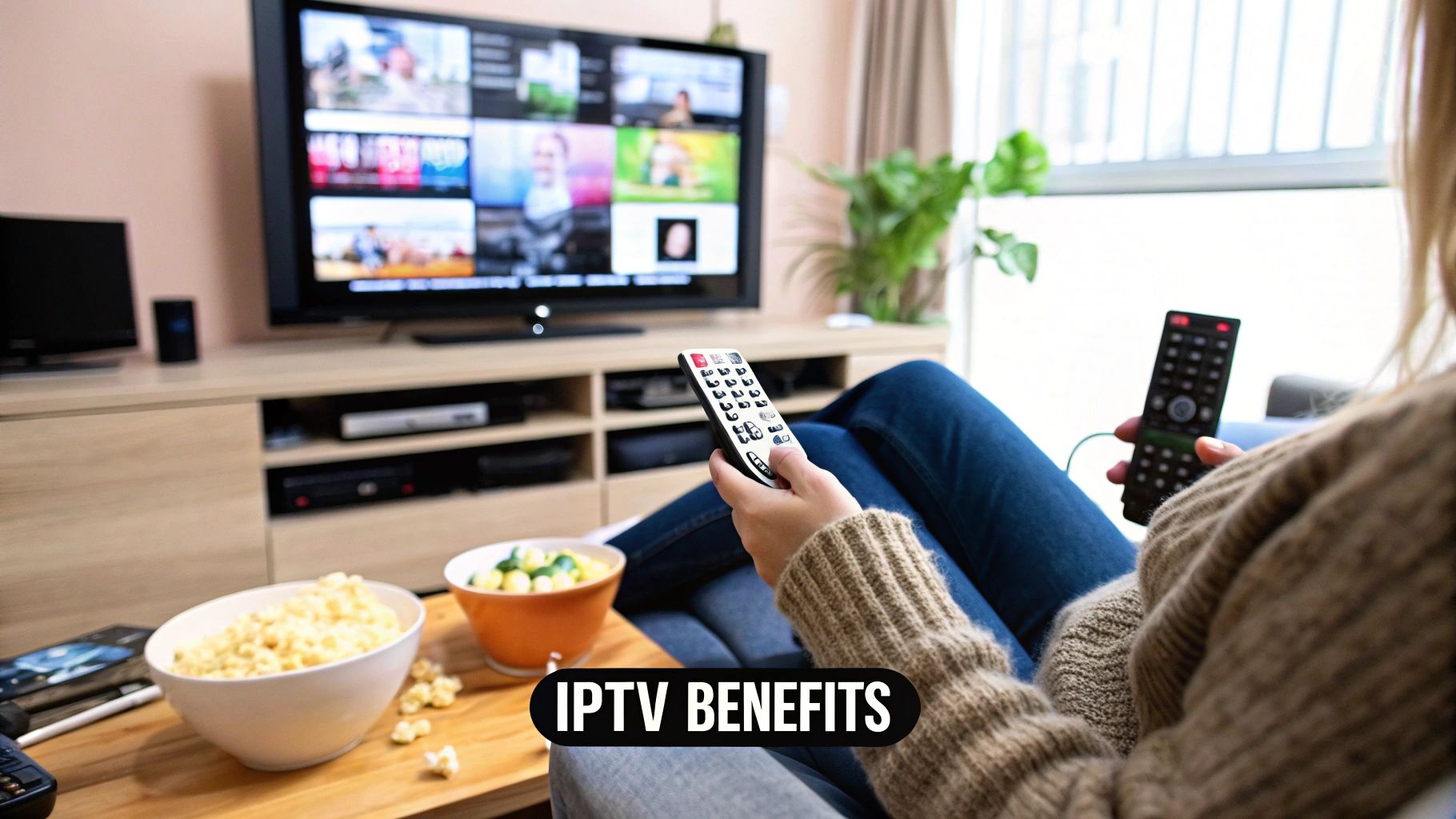 Someone on a sofa holding two remotes with bowls of popcorn on the table, watching a TV showing a grid of streaming thumbnails, captioned IPTV Benefits
