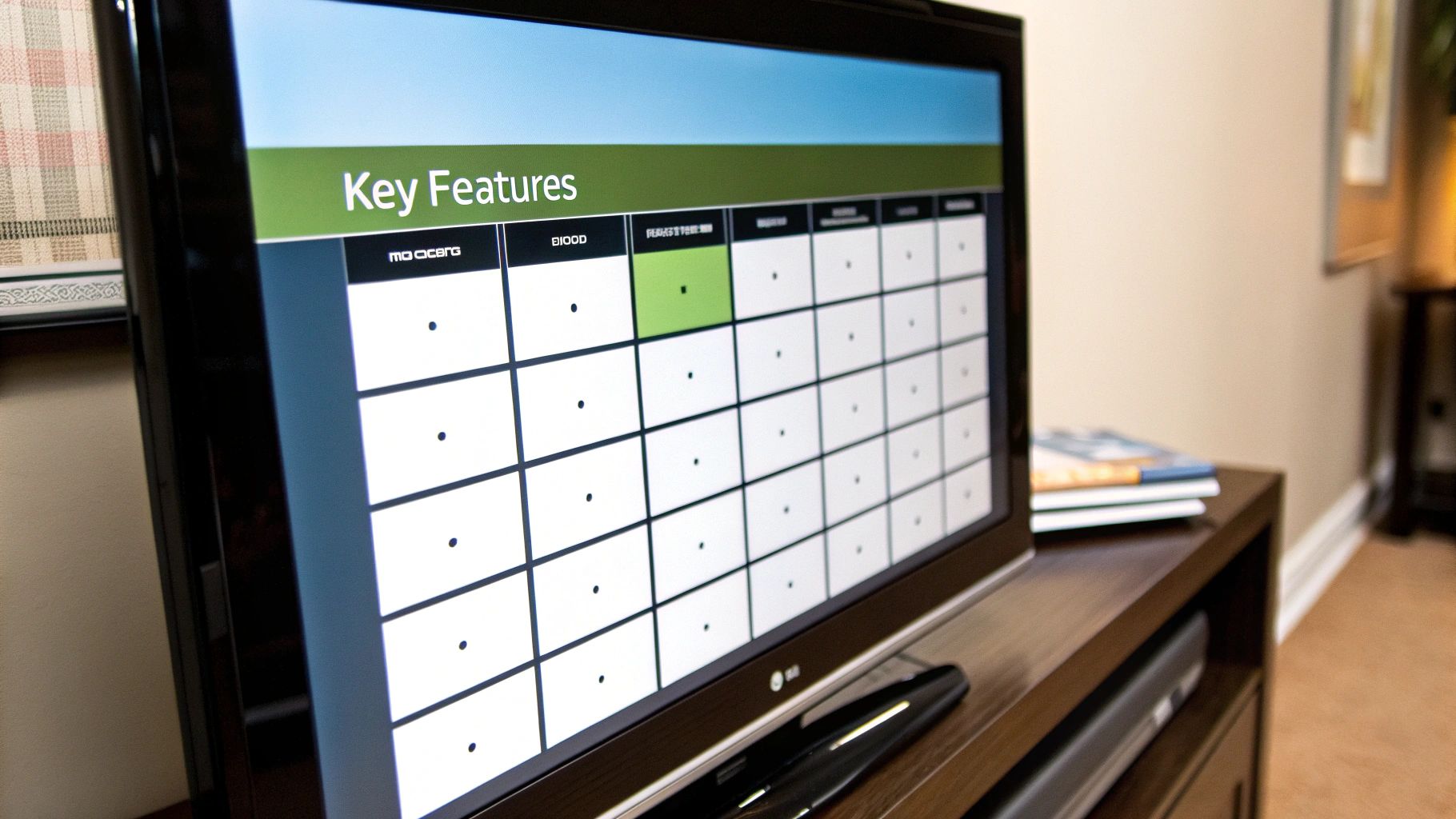 A TV on a stand showing a grid-style channel guide under the heading Key Features