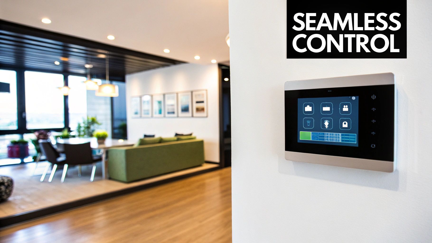 A wall-mounted touchscreen showing six control icons in a modern open-plan room, captioned Seamless Control