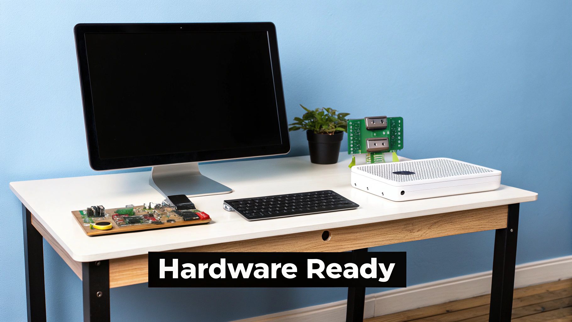 A desk holding a monitor, keyboard, a white mini PC and two bare circuit boards, captioned Hardware Ready