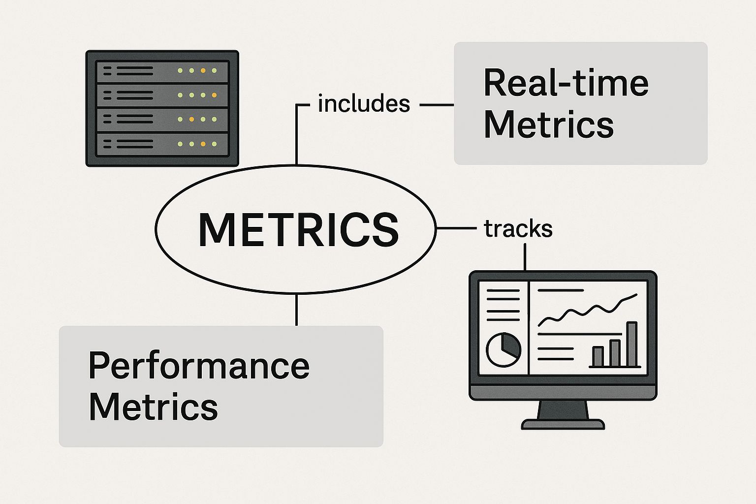 Diagram linking a server rack to performance and real-time metrics, and on to a monitoring dashboard